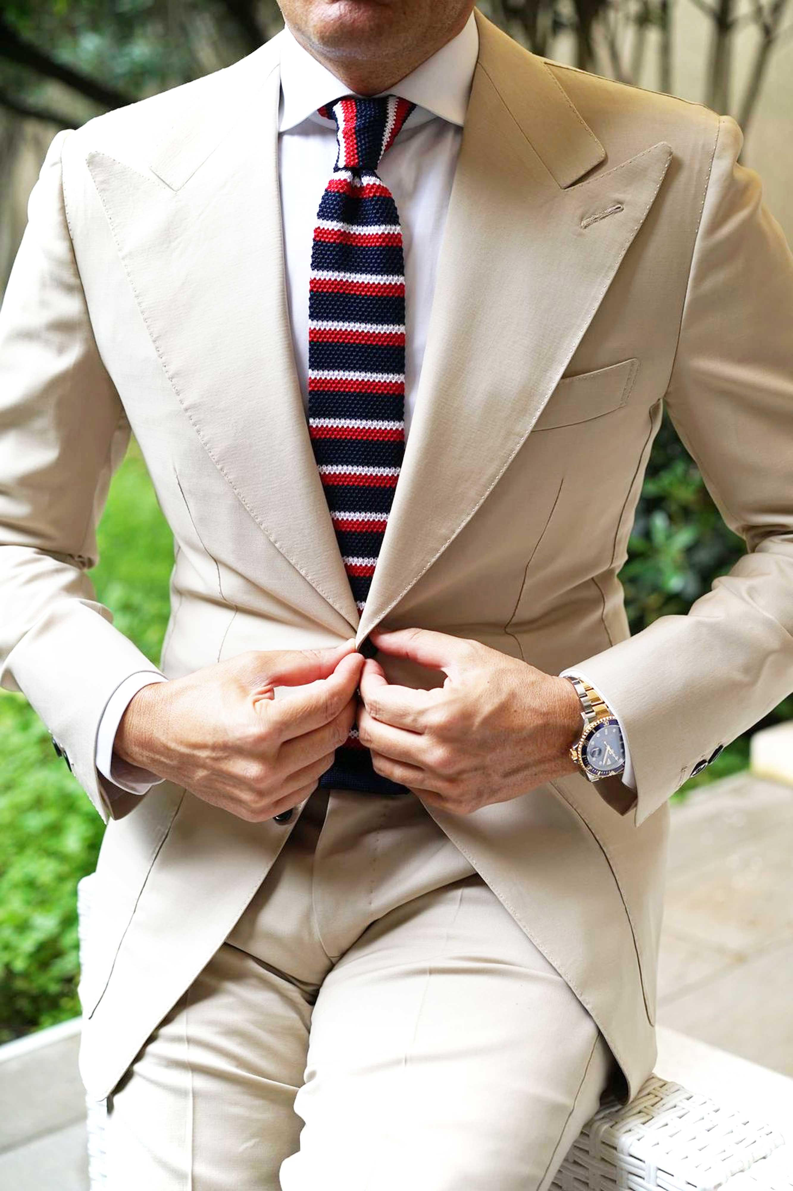 The Navy Blue American Knitted Tie with Red & White Stripes