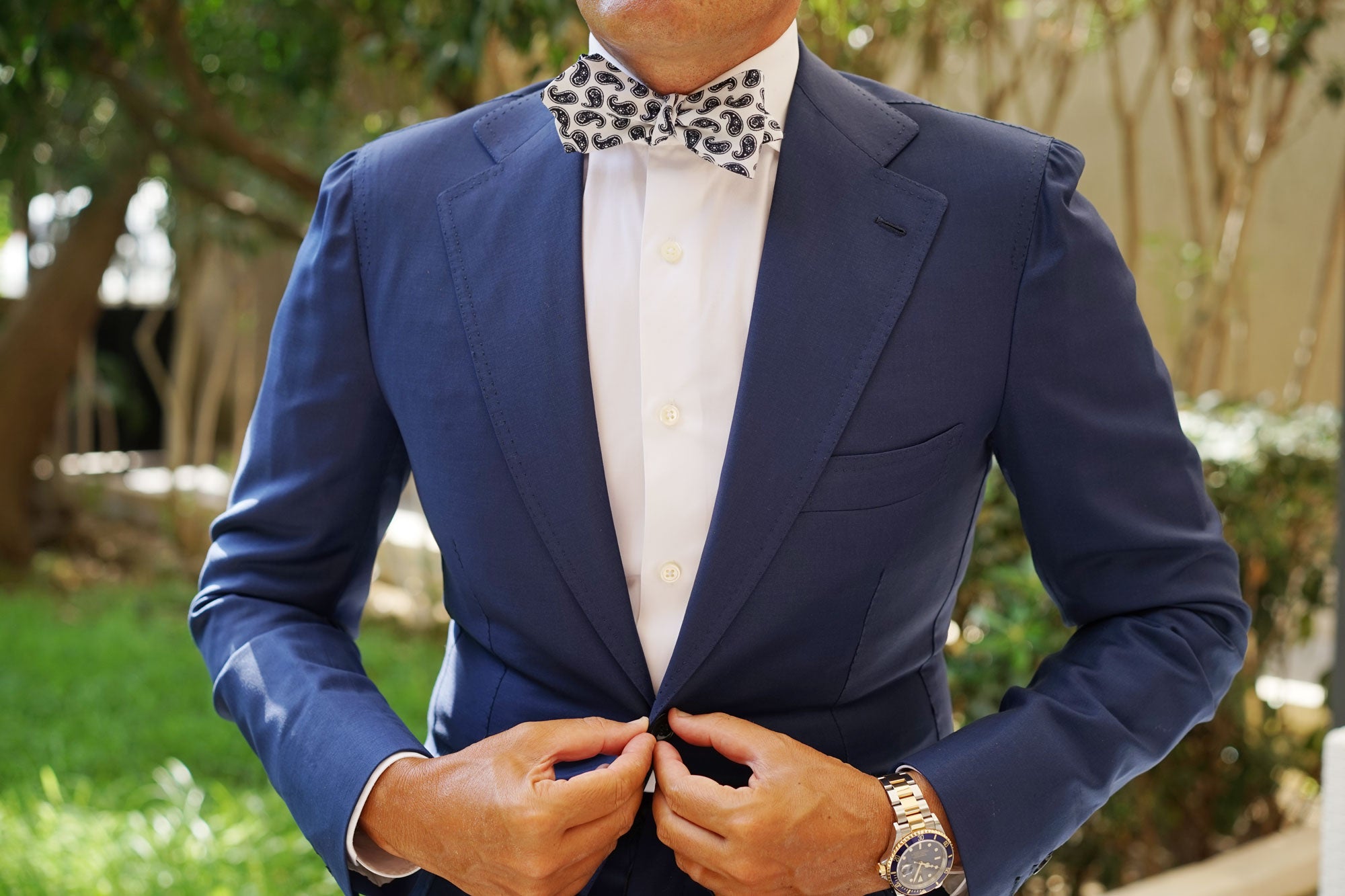 Picasso White on Blue Paisley Diamond Self Bow Tie