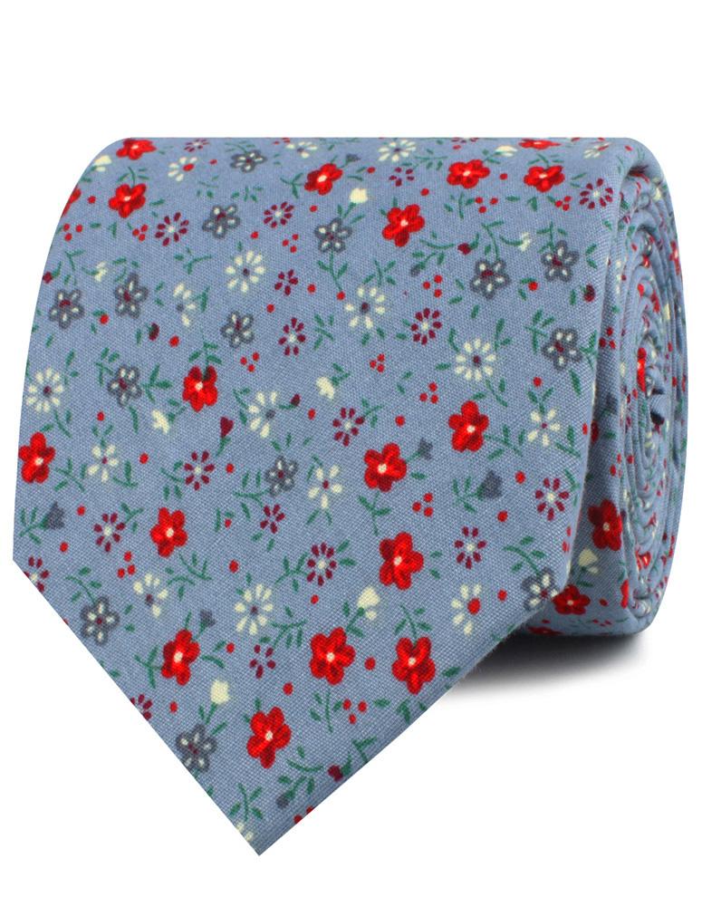 Crimson Rose Steel-Blue Floral Necktie