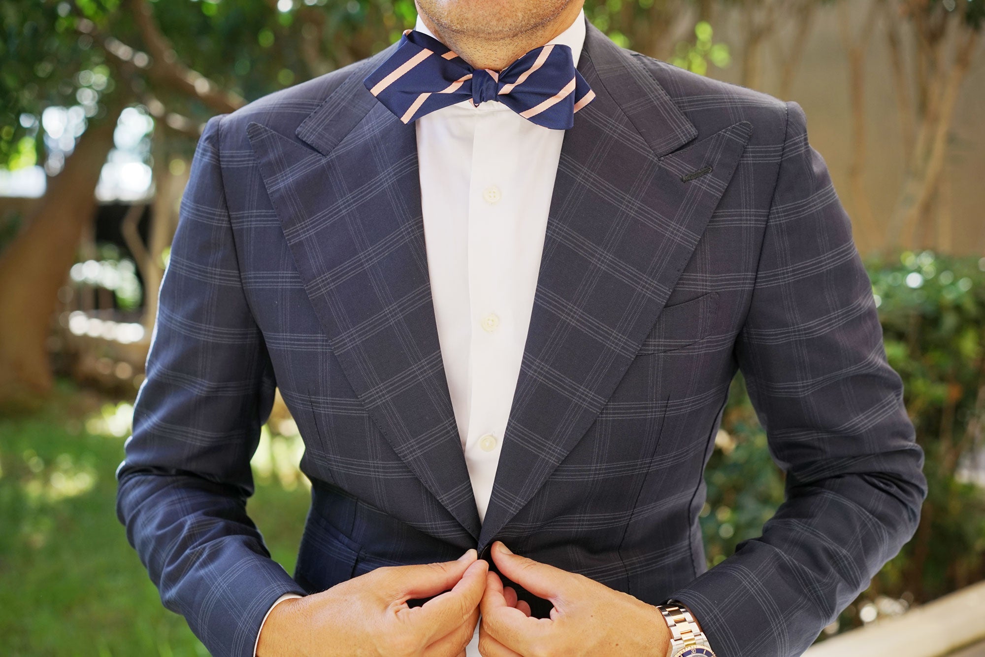 Navy Blue with Peach Stripes Self Tie Diamond Tip Bow Tie