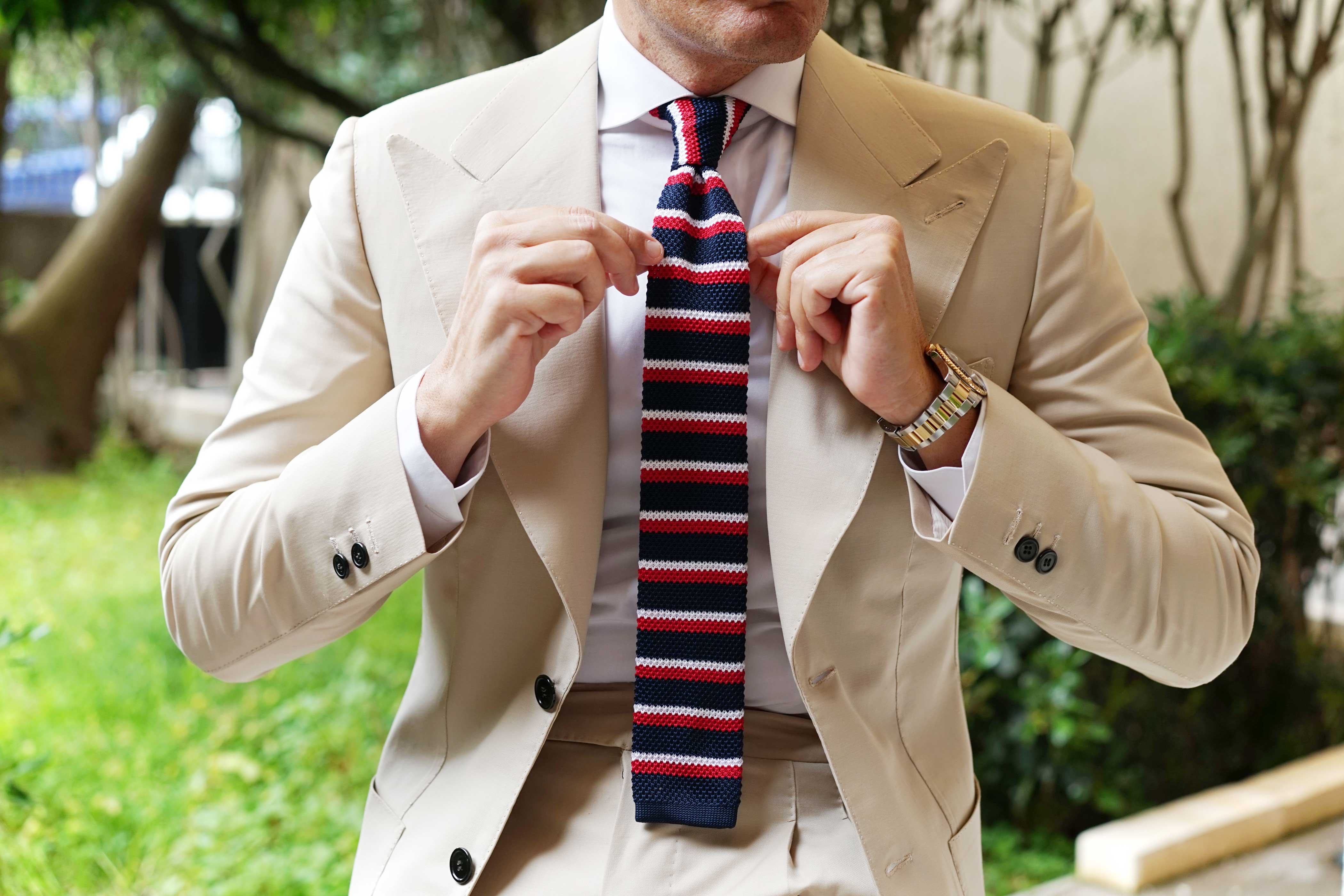 The Navy Blue American Knitted Tie with Red & White Stripes