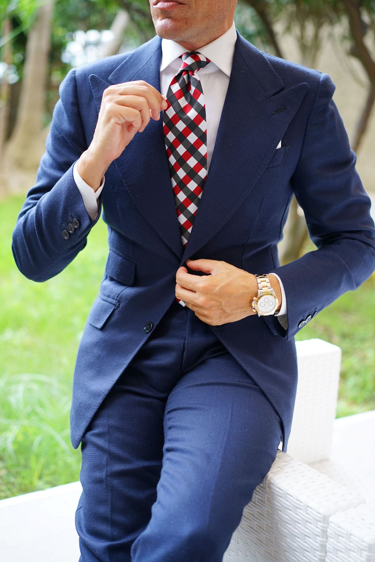 White Black Maroon Checkered Tie