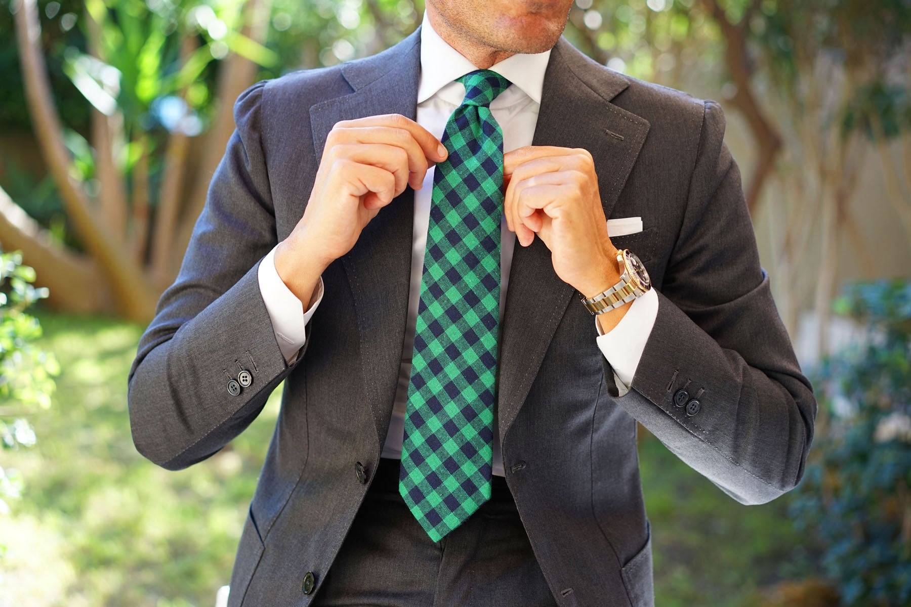 Raw Green Gingham Linen Tie