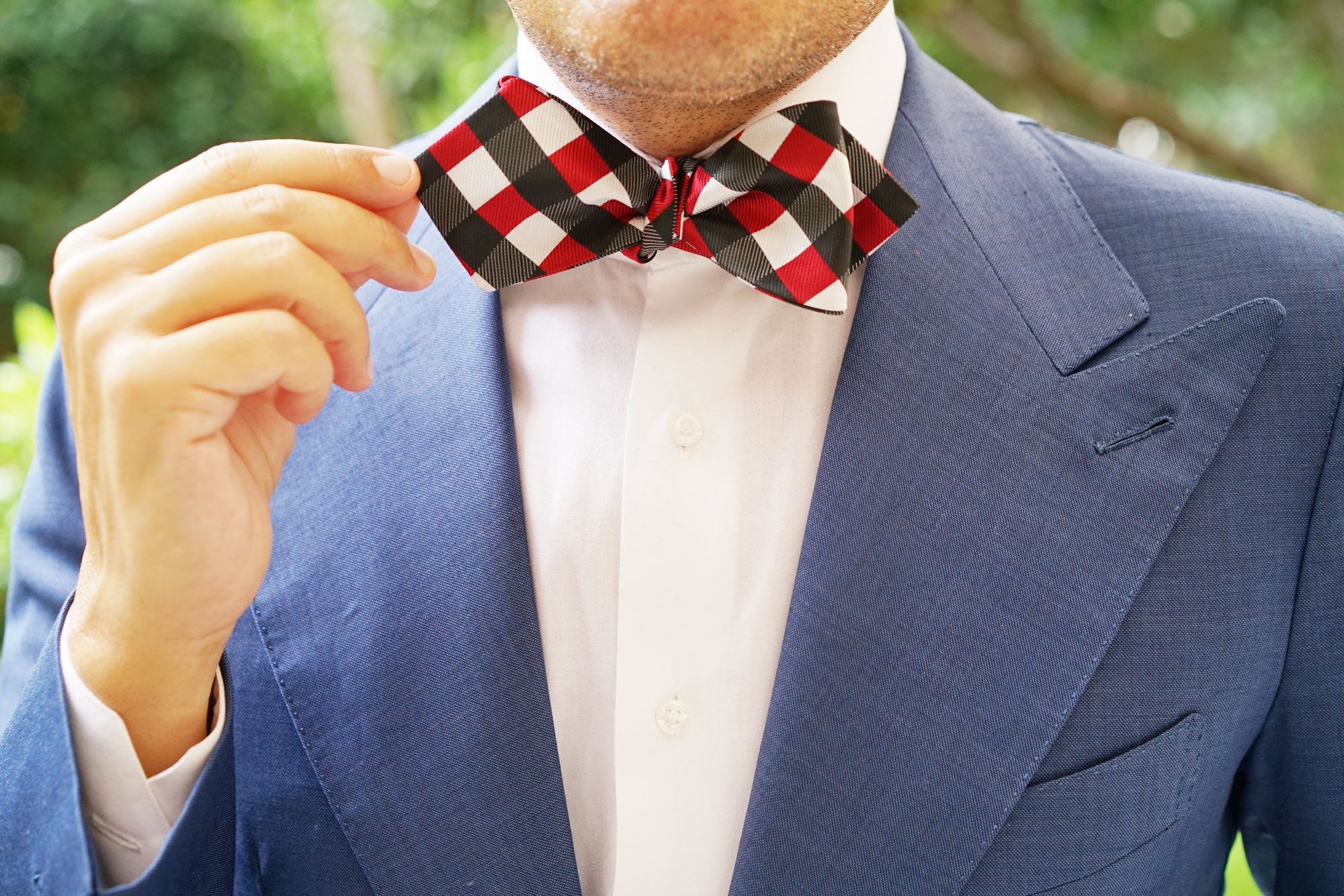 White Black Maroon Checkered Self Tie Diamond Tip Bow Tie