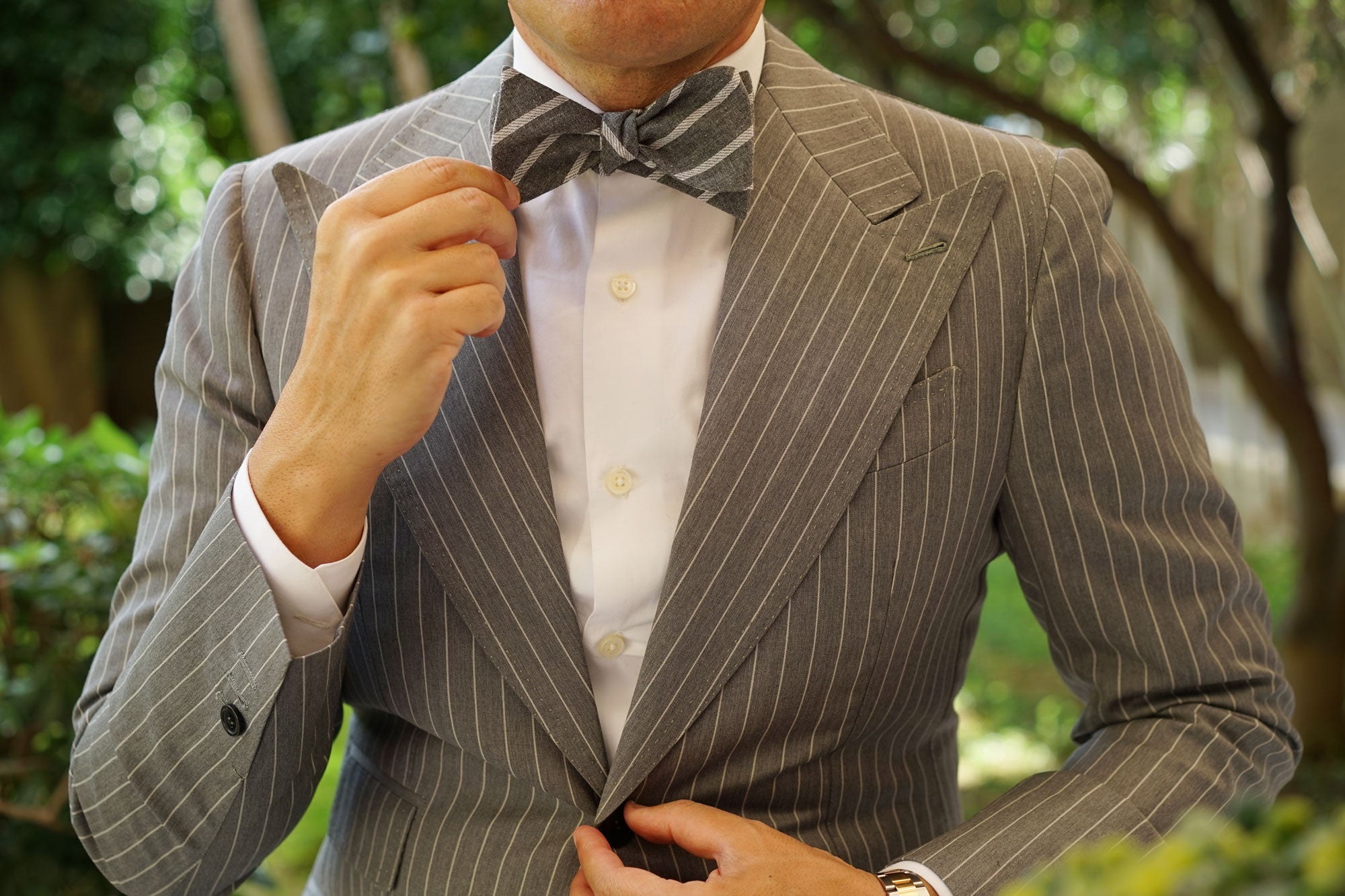 Galileo Pewter Grey Striped Linen Self Bow Tie