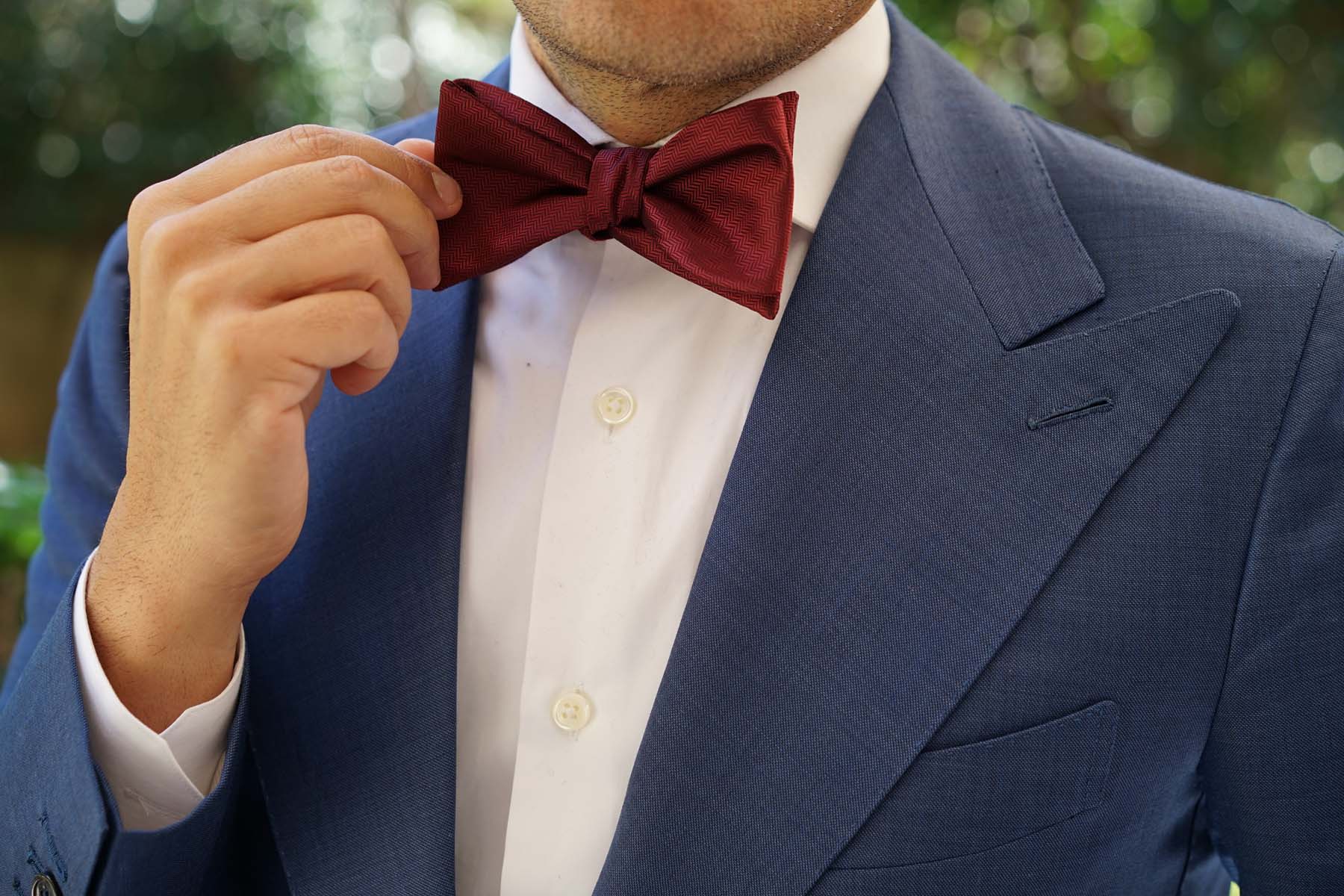 Burgundy Herringbone Self Bow Tie