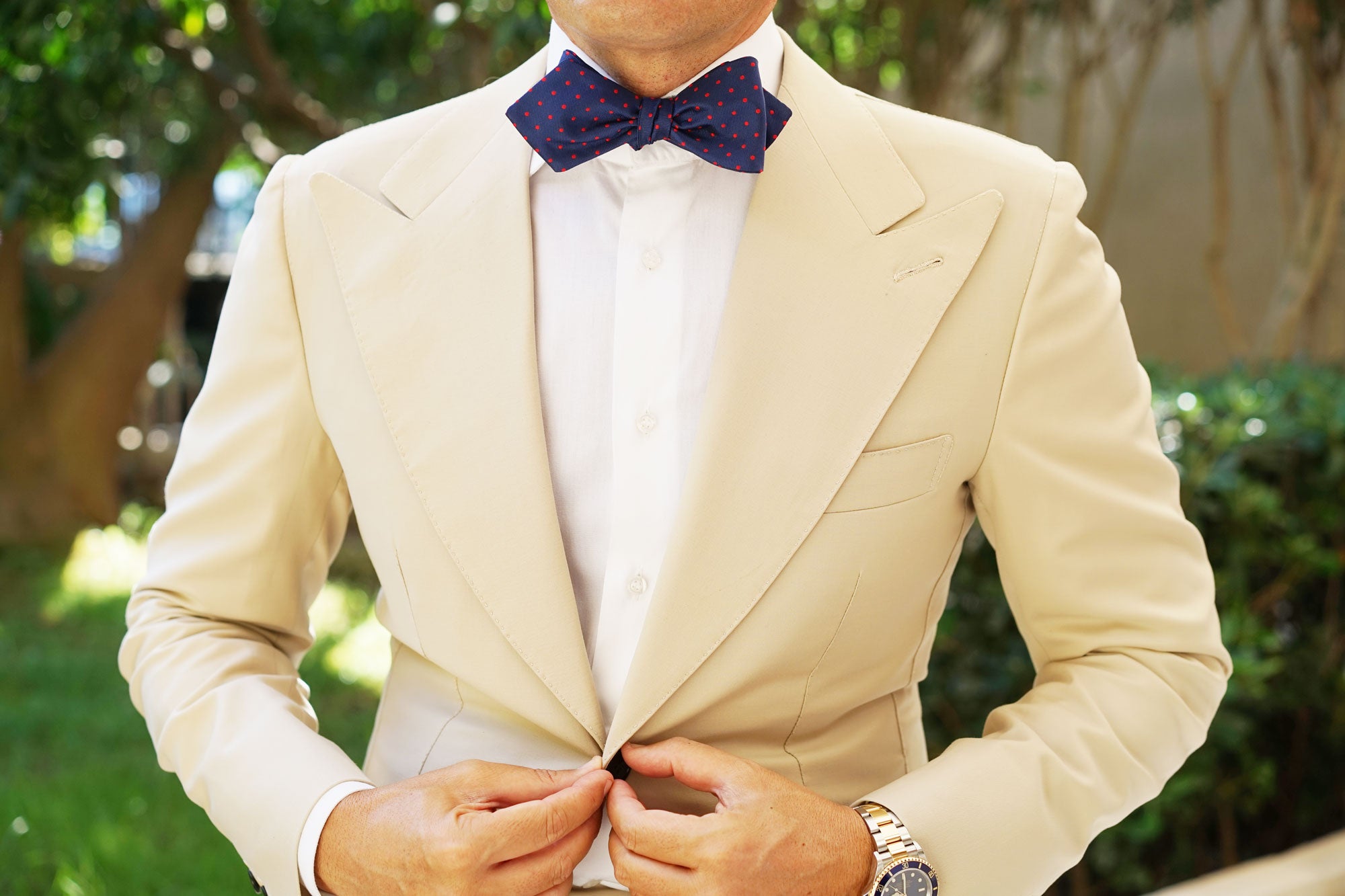 Navy on Red Mini Pin Dots Diamond Self Bow Tie