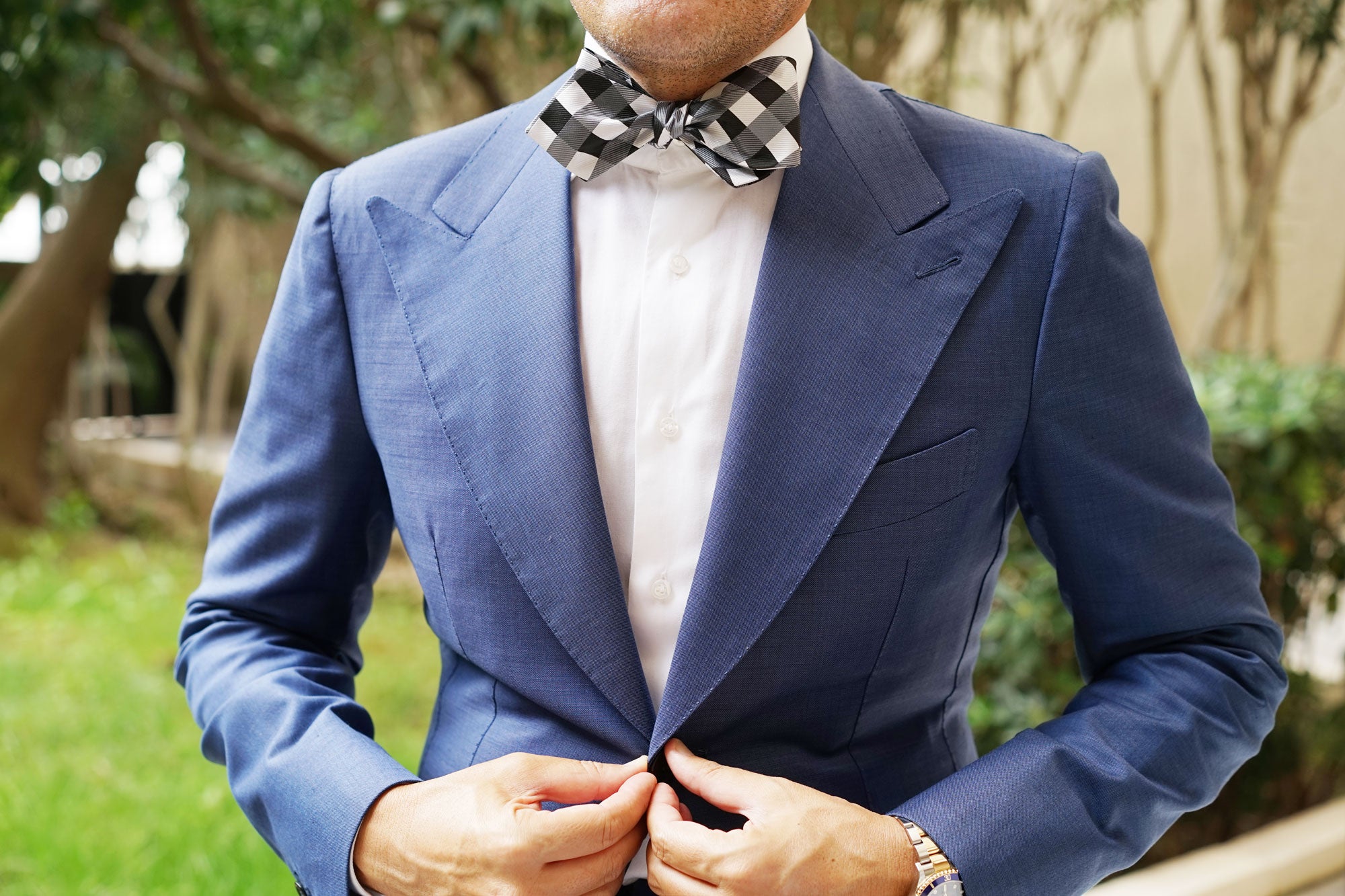 Black White Grey Checkered Self Tie Diamond Tip Bow Tie