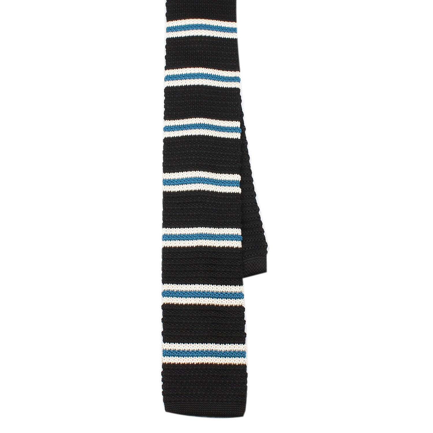 Black Knitted Tie with White & Blue Teal Stripes