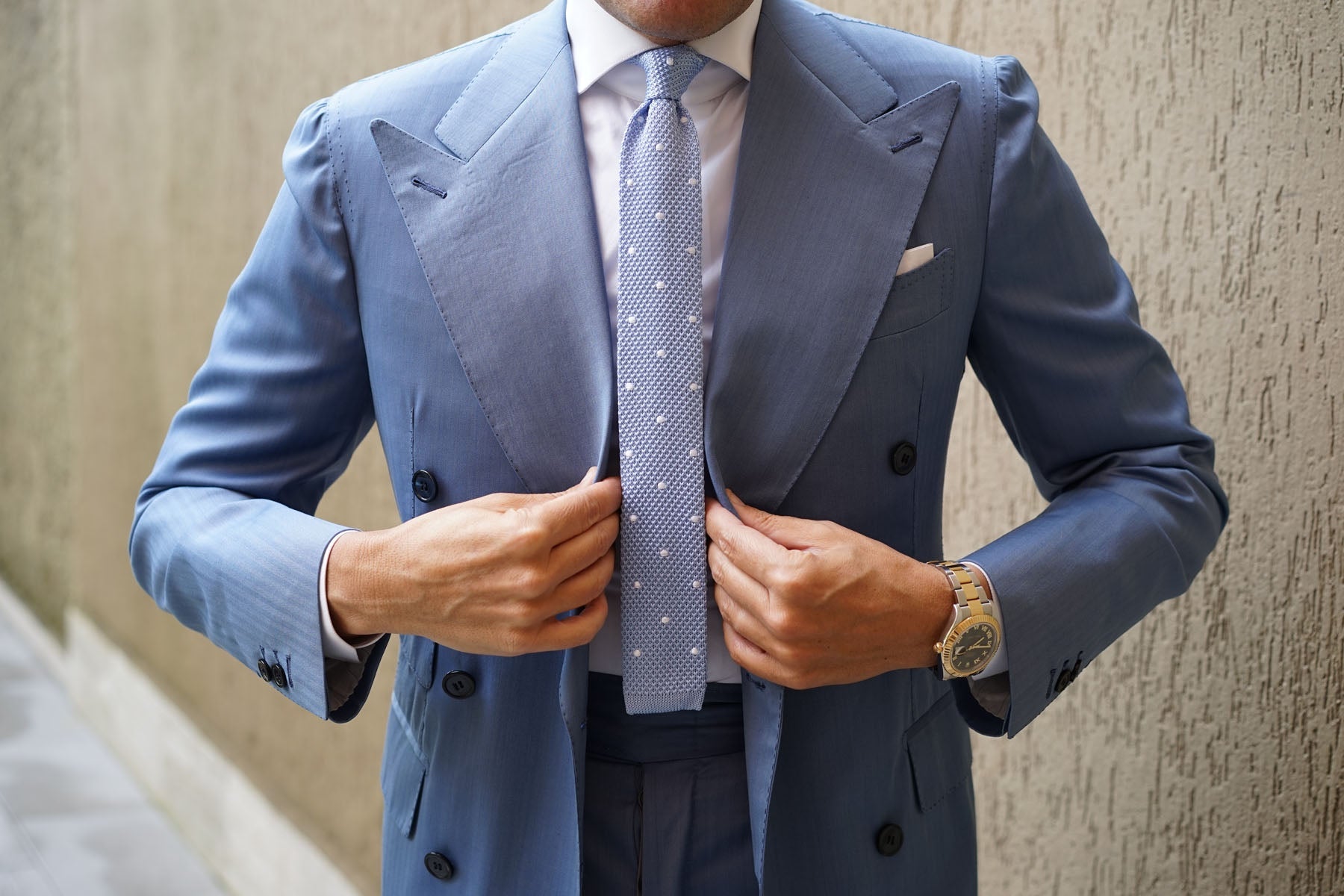 Light Blue Knitted Tie with White Polka Dots