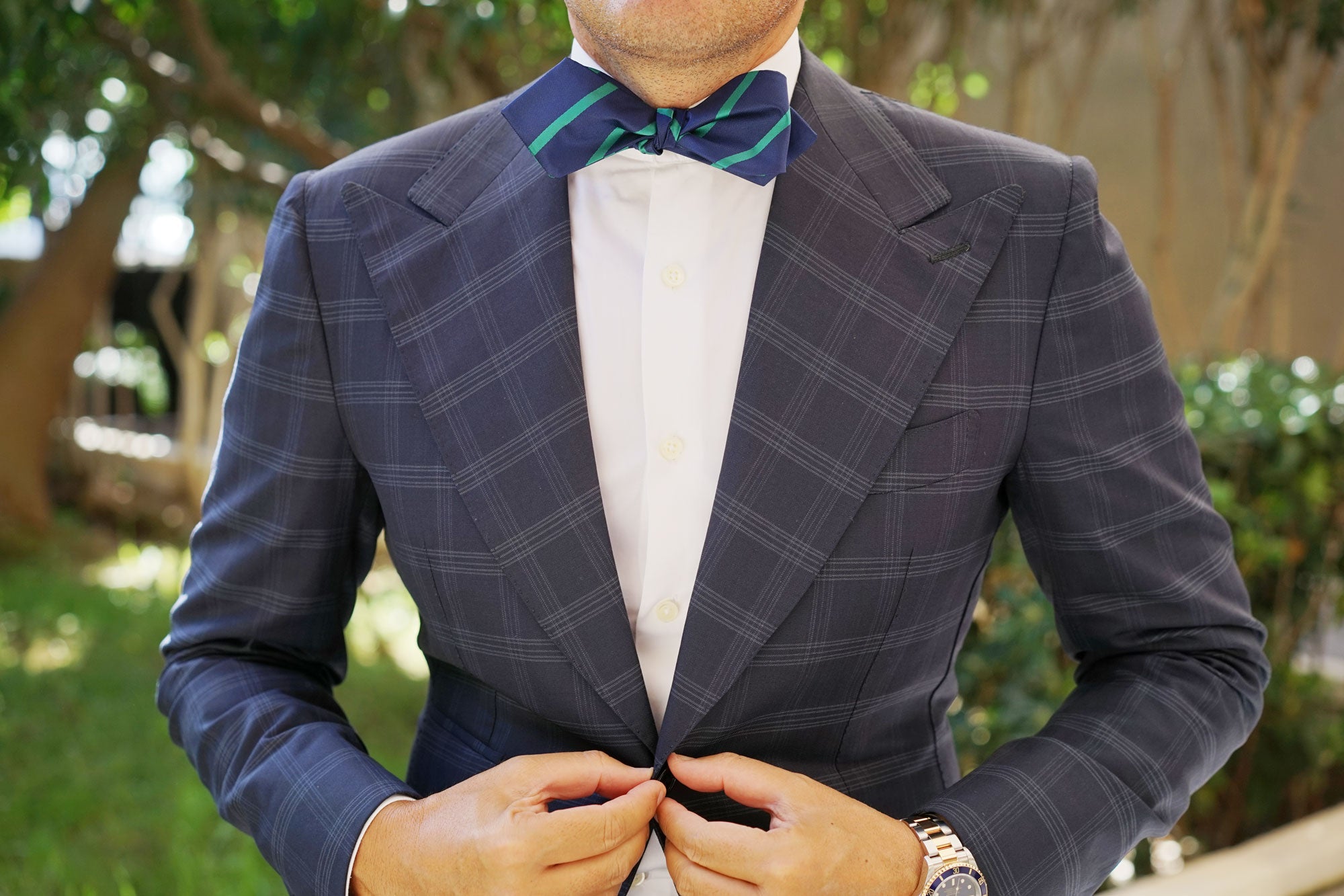 Navy Blue with Green Stripes Self Tie Diamond Tip Bow Tie