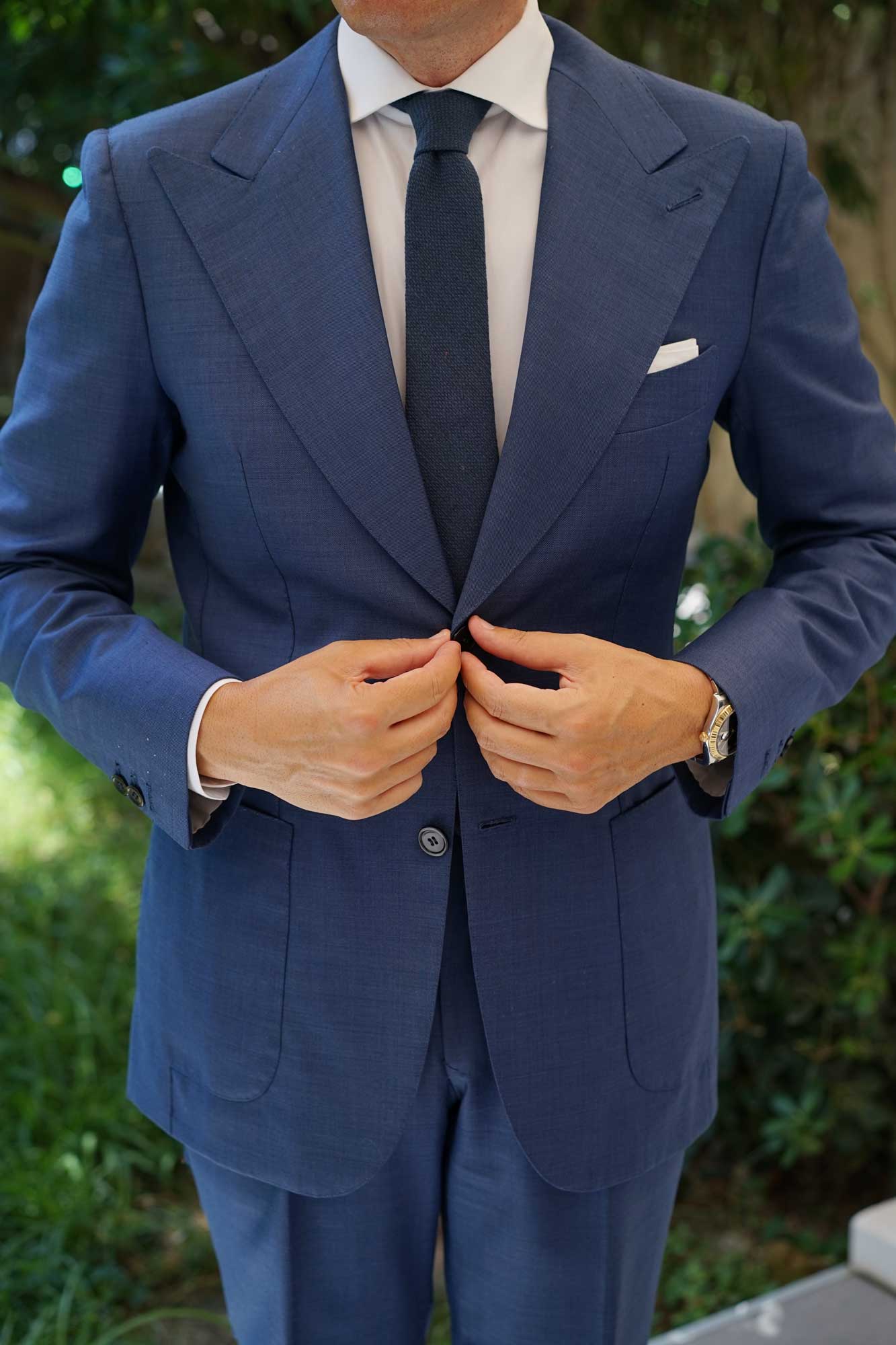 Navy Blue Basket Weave Linen Skinny Tie