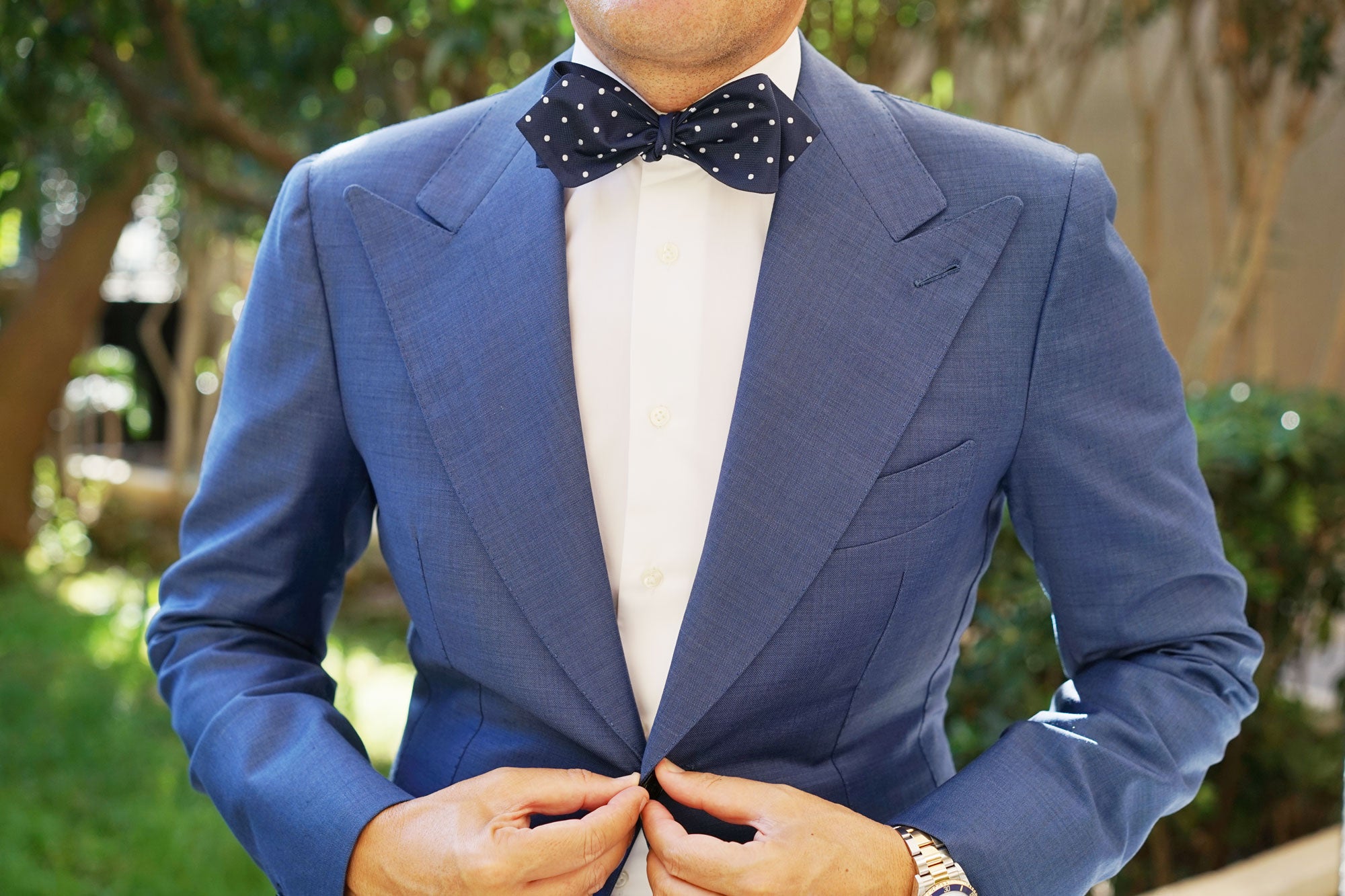 Navy Blue with White Polka Dots Self Tie Diamond Tip Bow Tie