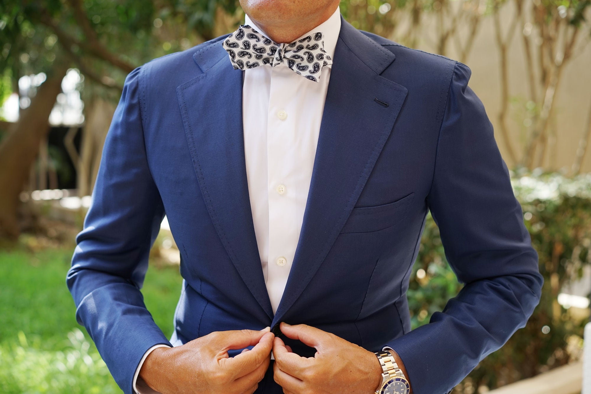 Picasso White on Blue Paisley Diamond Self Bow Tie