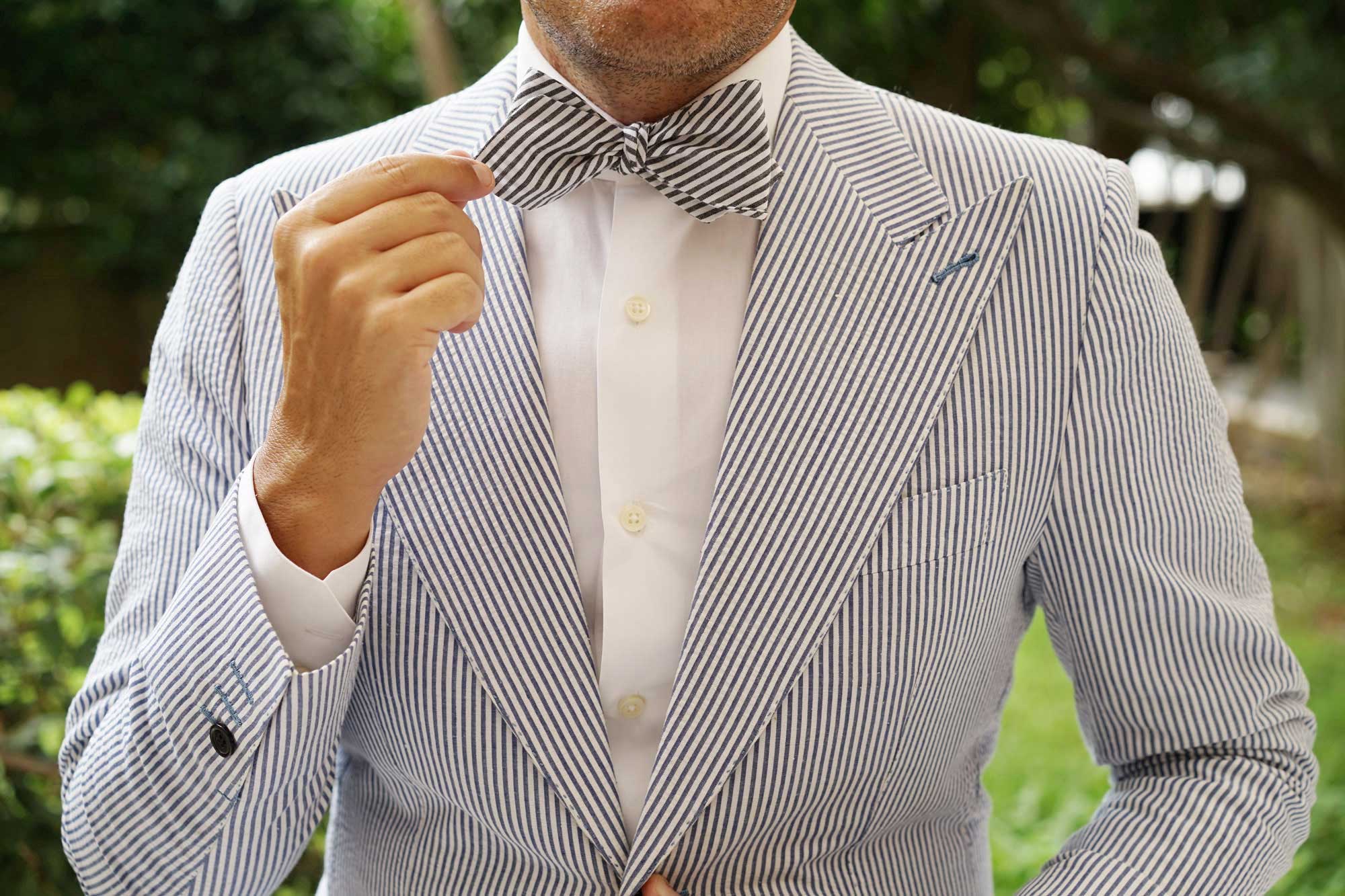 Black & White Chalk Stripe Cotton Self Tie Diamond Bow Tie