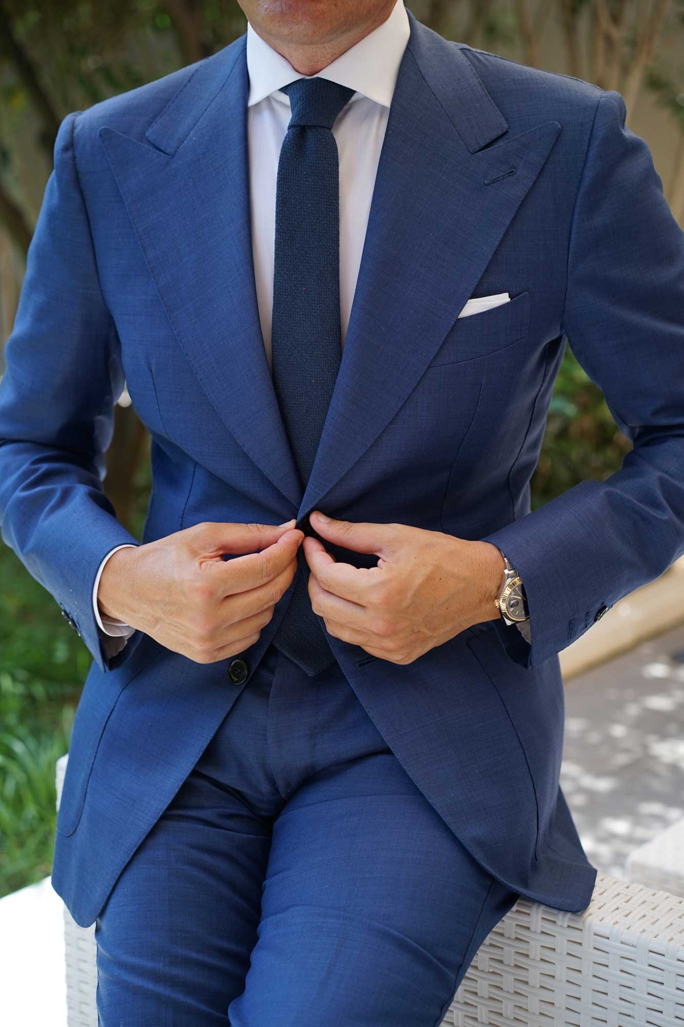 Navy Blue Basket Weave Linen Skinny Tie