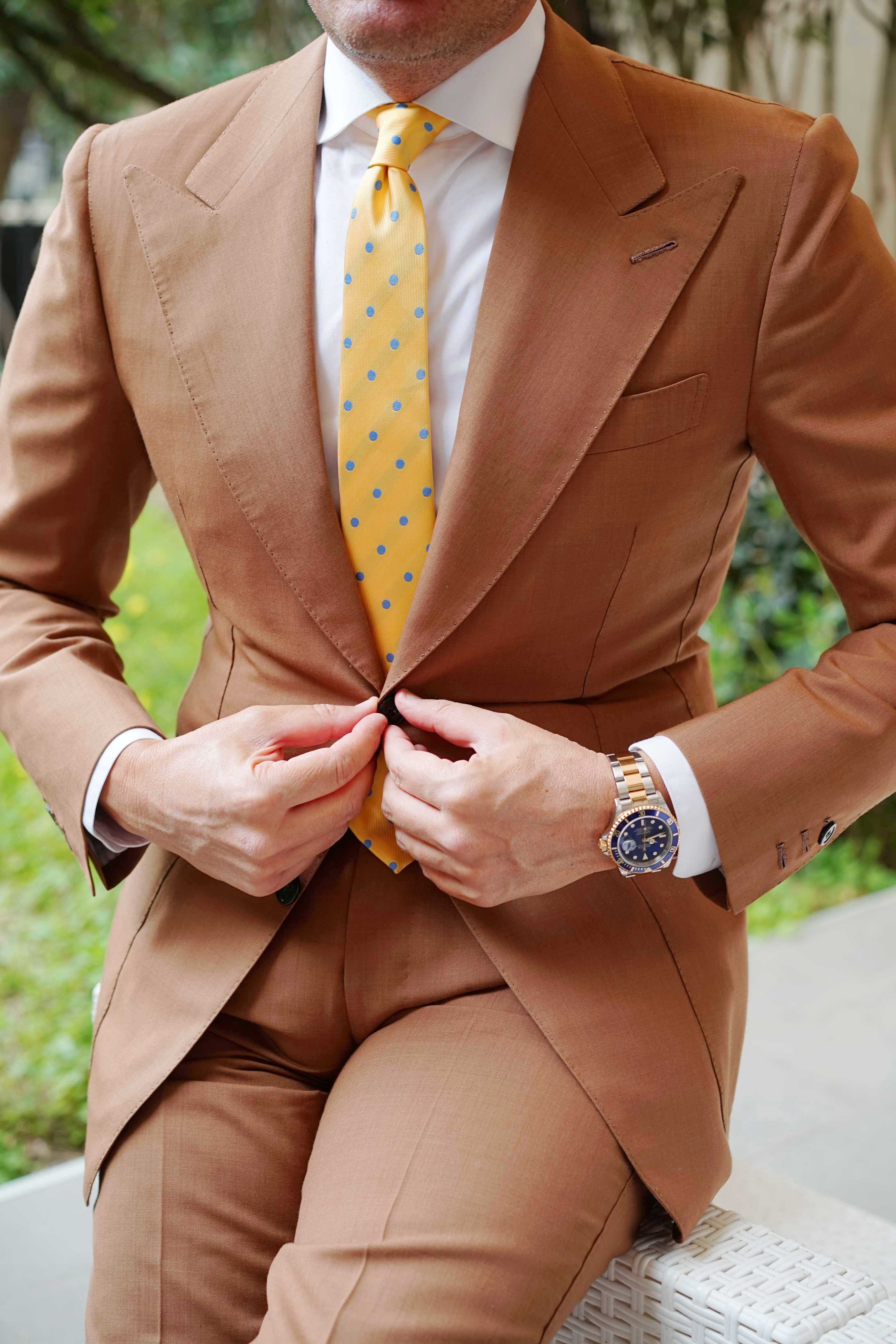 Yellow Skinny Tie with Light Blue Polka Dots