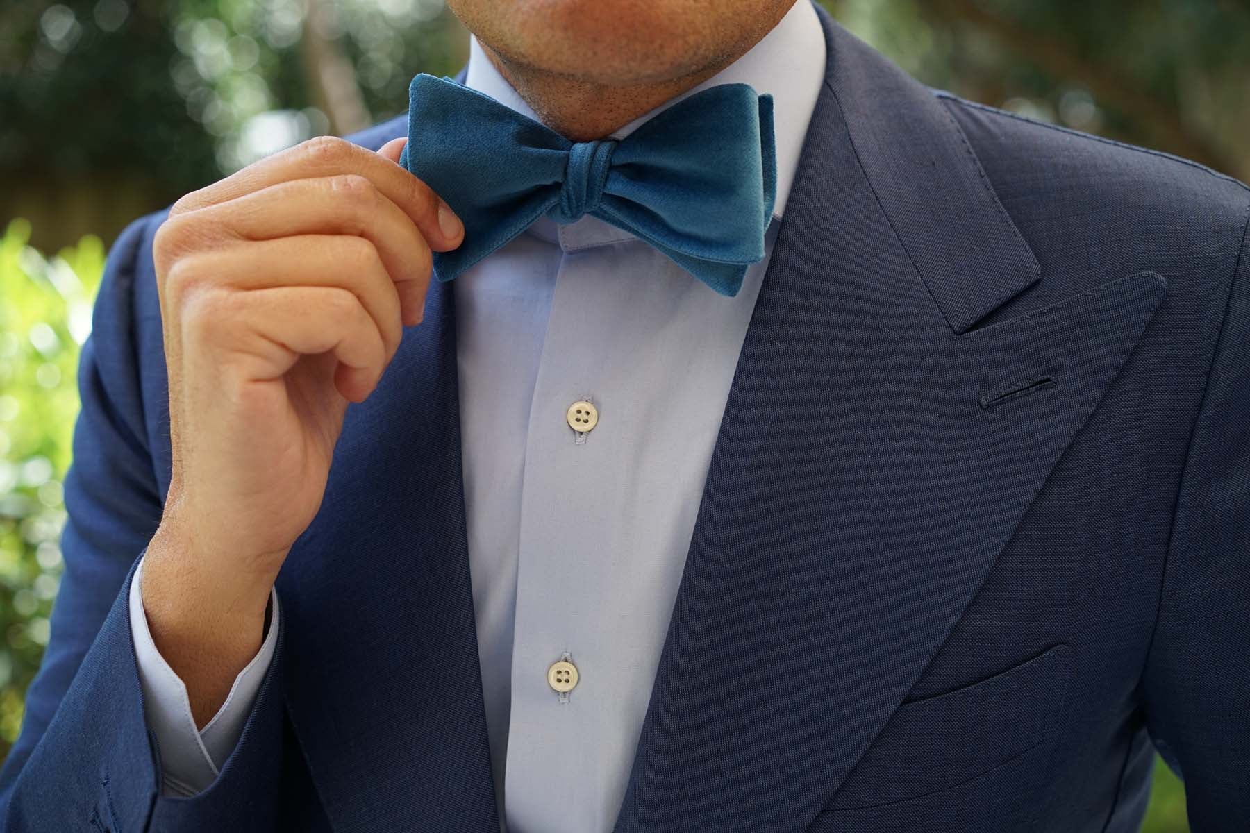 Teal Blue Velvet Self Bow Tie