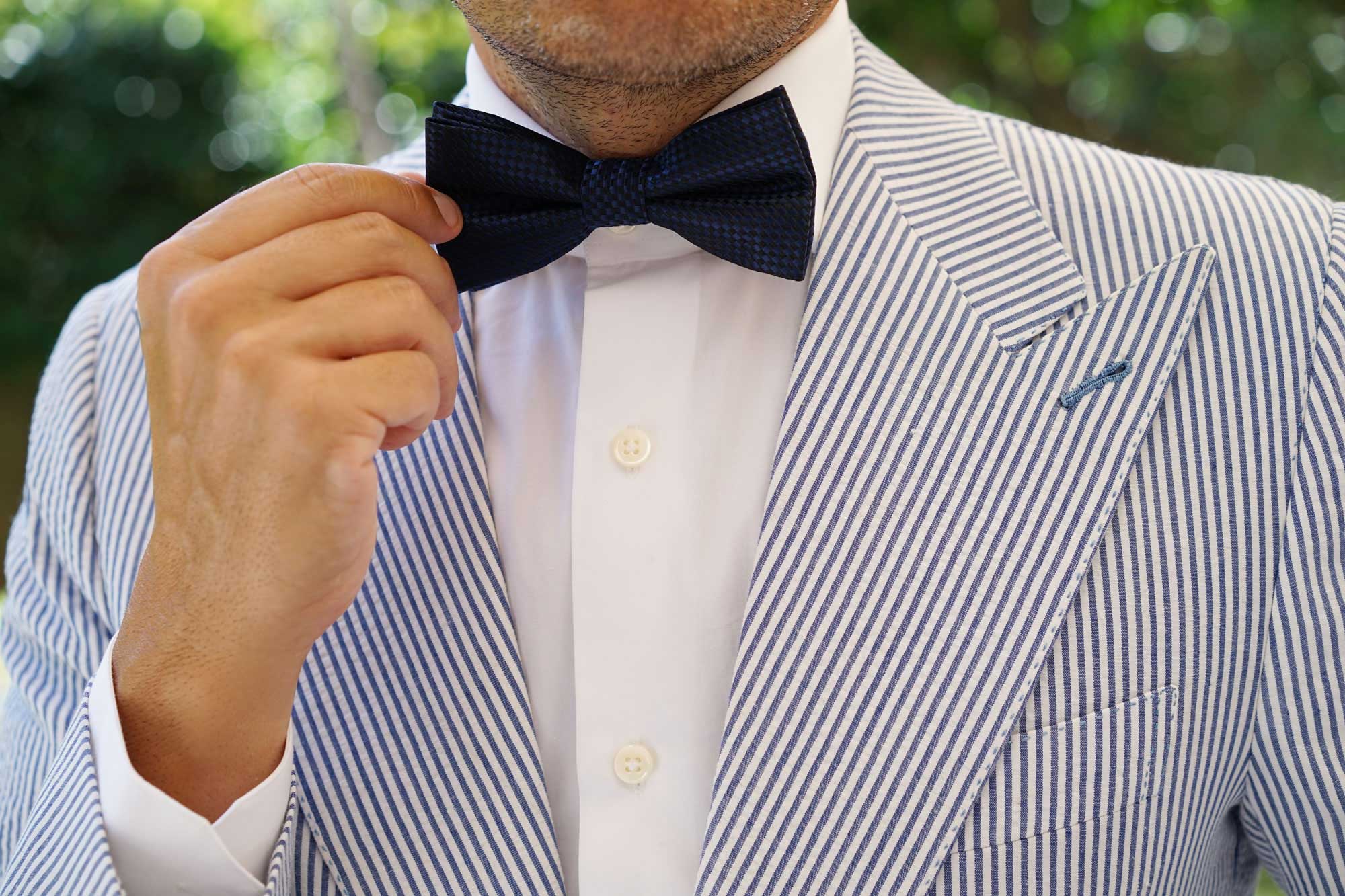 Navy Blue Basket Weave Checkered Bow Tie