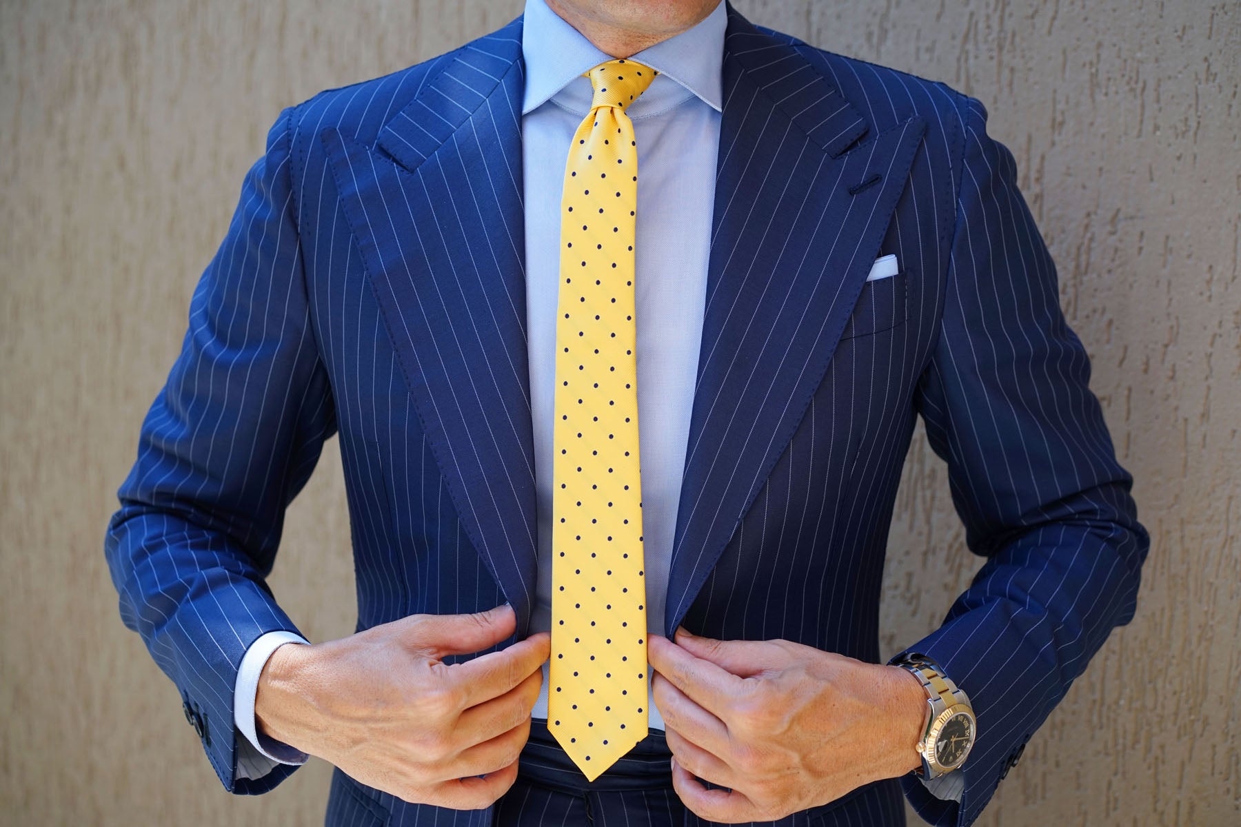 Yellow Skinny Tie with Navy Blue Polka Dots