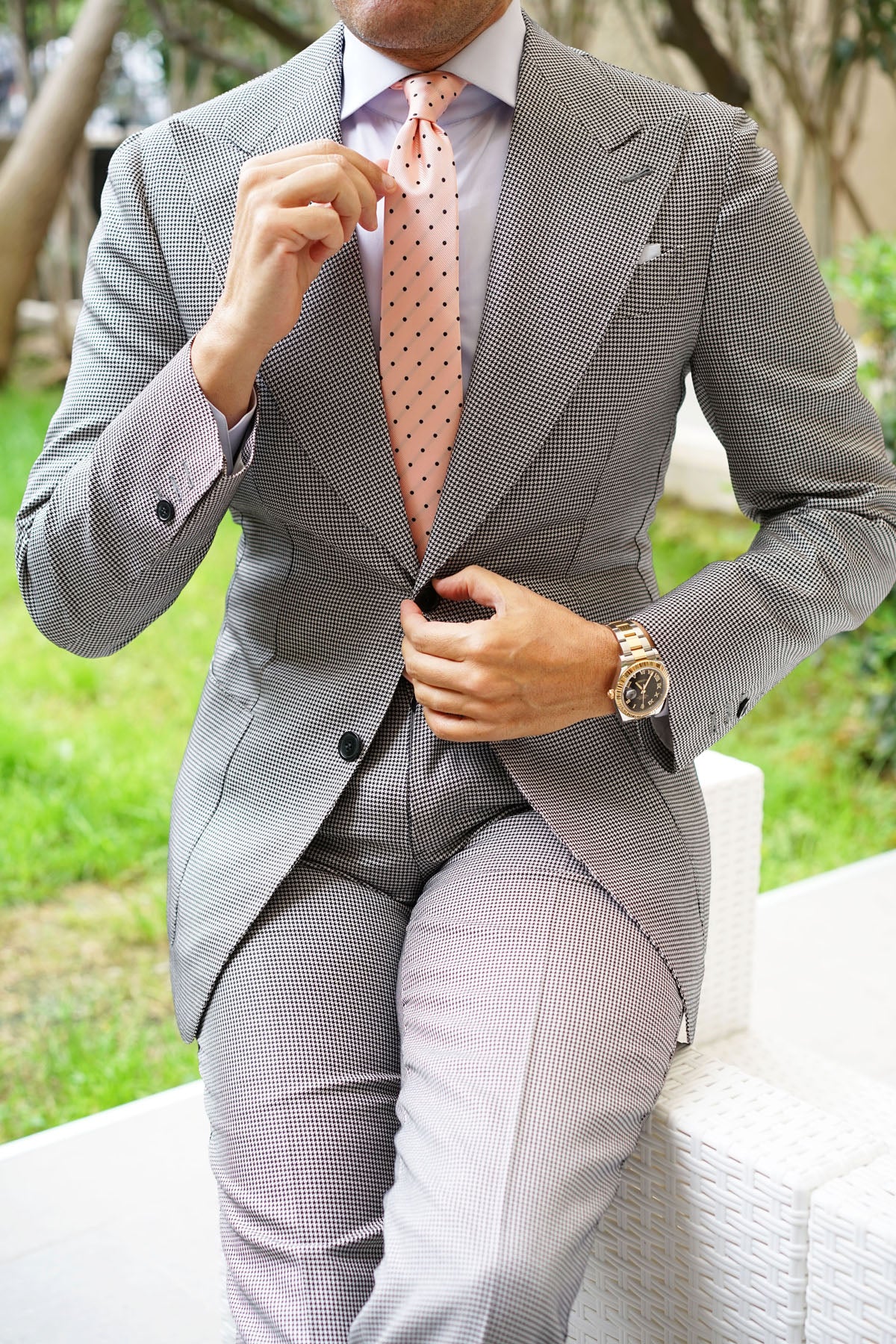 Peach on Black Polka Dots Skinny Tie