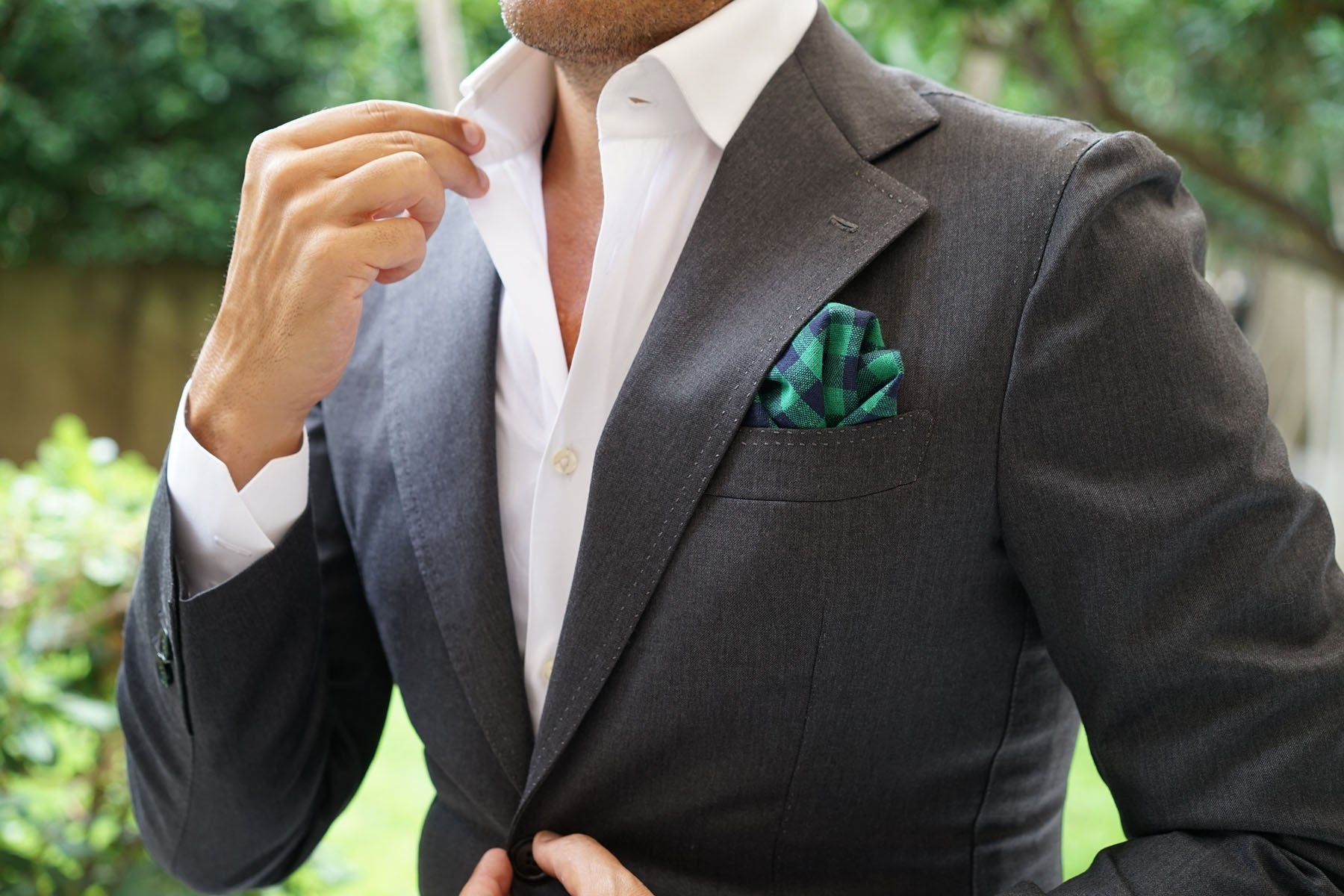 Raw Green Gingham Linen Pocket Square