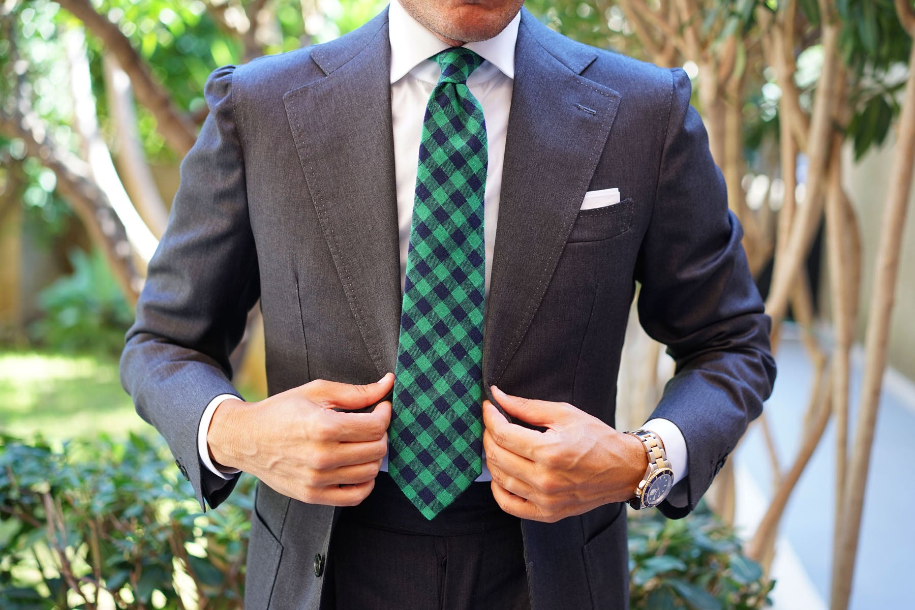 Raw Green Gingham Linen Tie