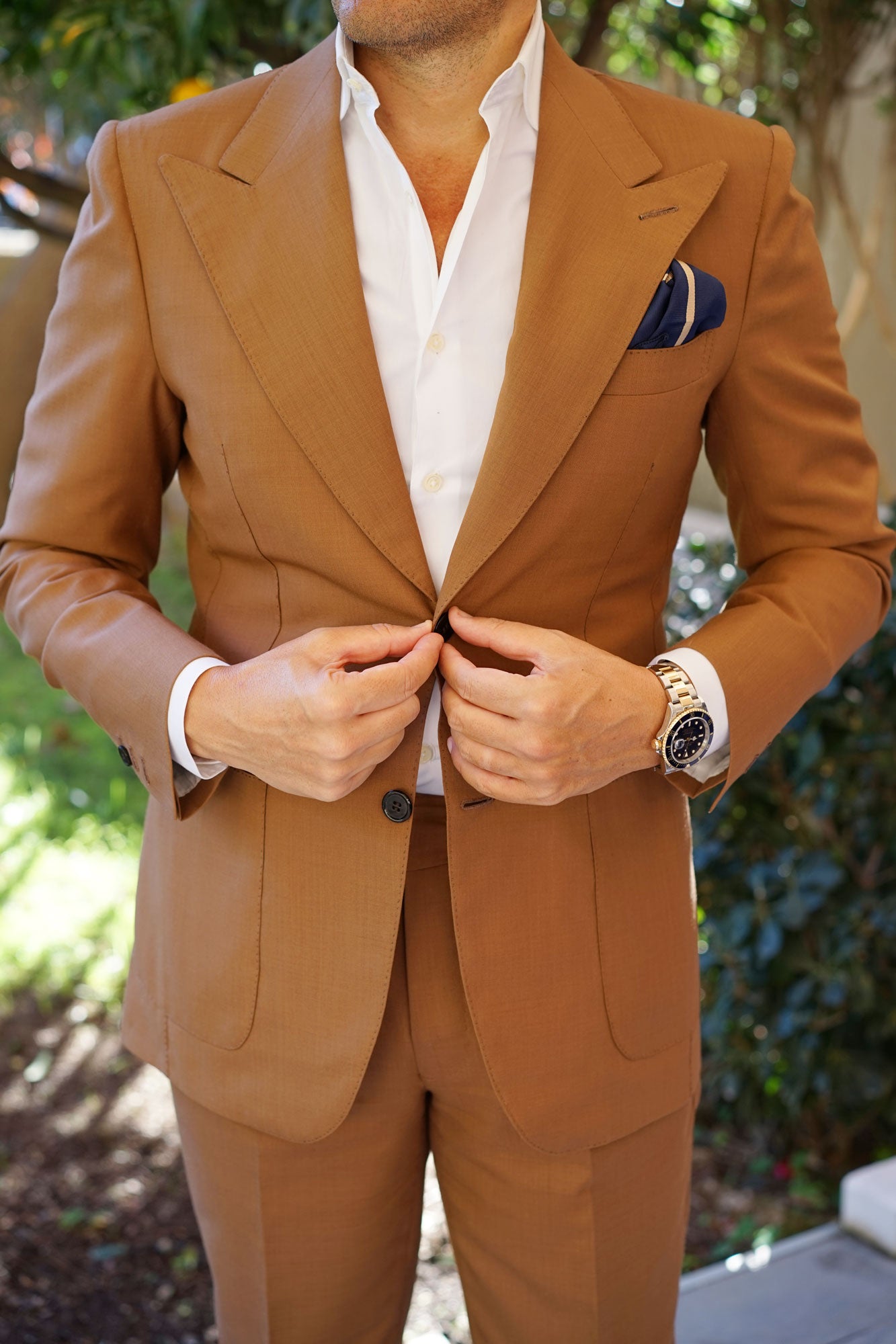 Navy Blue Champagne Gold Striped Pocket Square