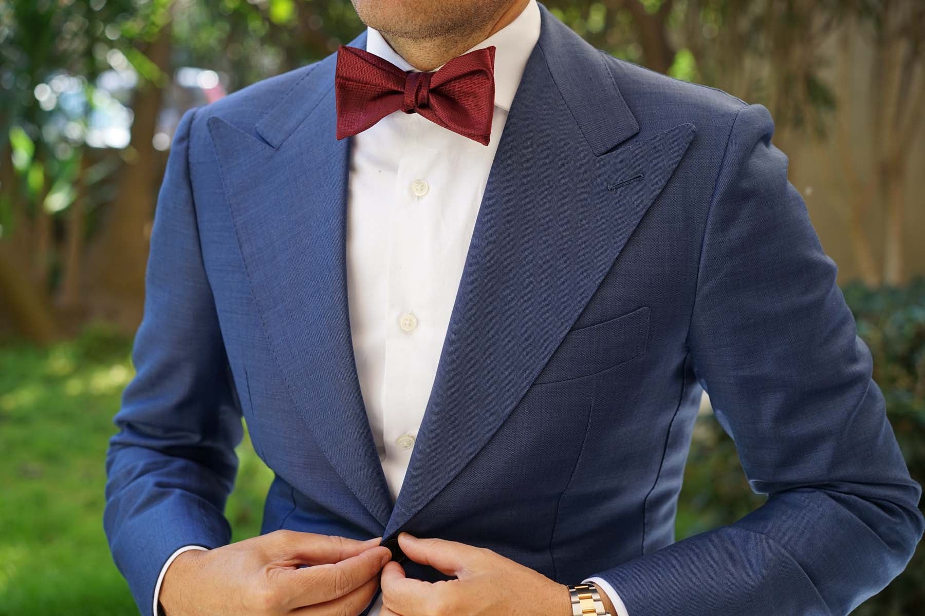 Burgundy Herringbone Self Bow Tie