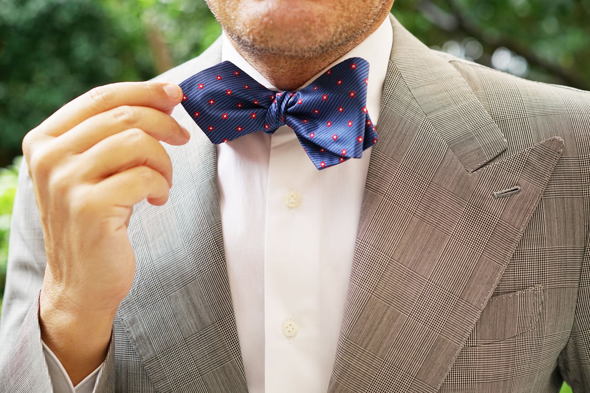 Navy Blue with Red Pattern Self Tie Diamond Tip Bow Tie