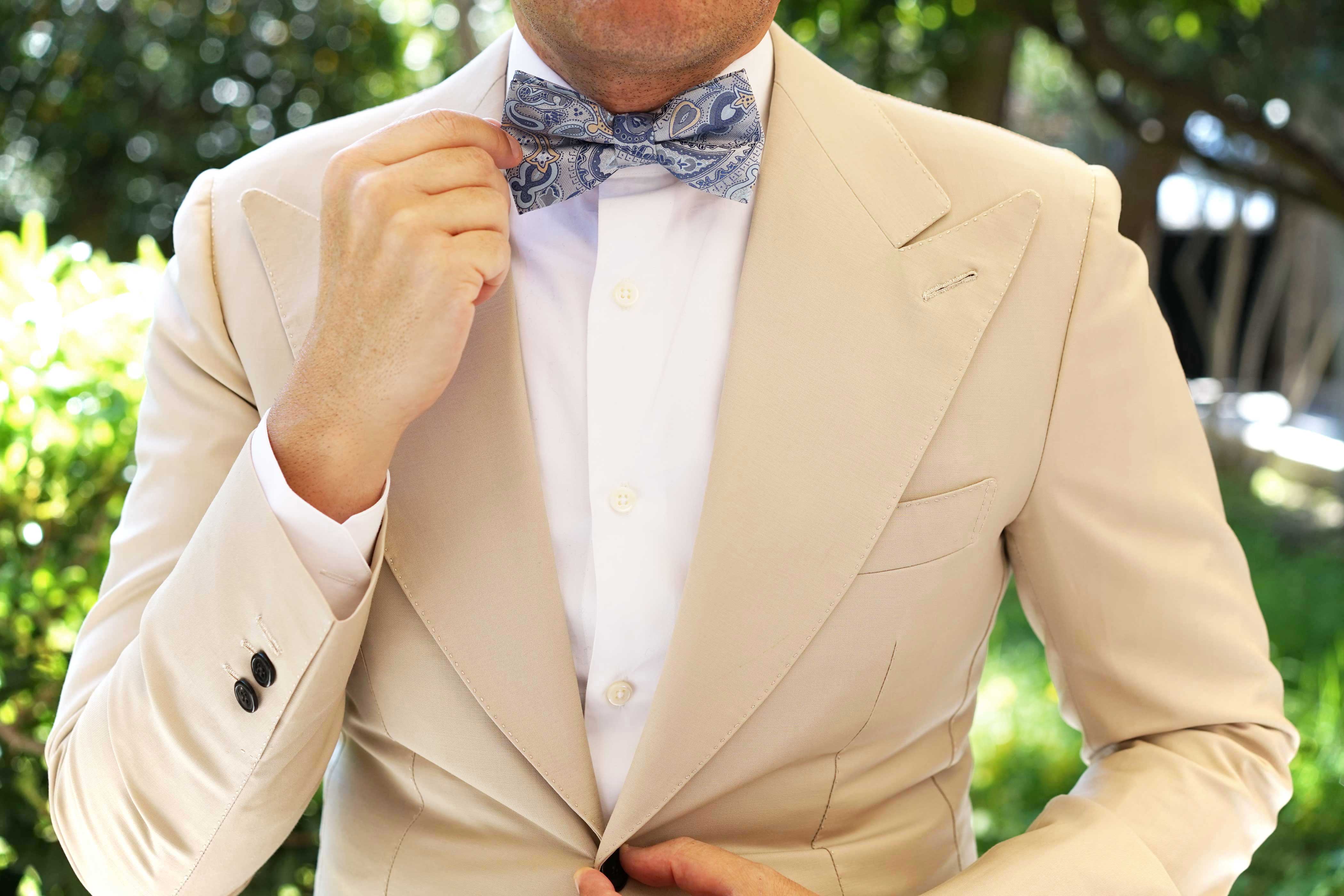 Paisley Silver Bow Tie with Light Blue
