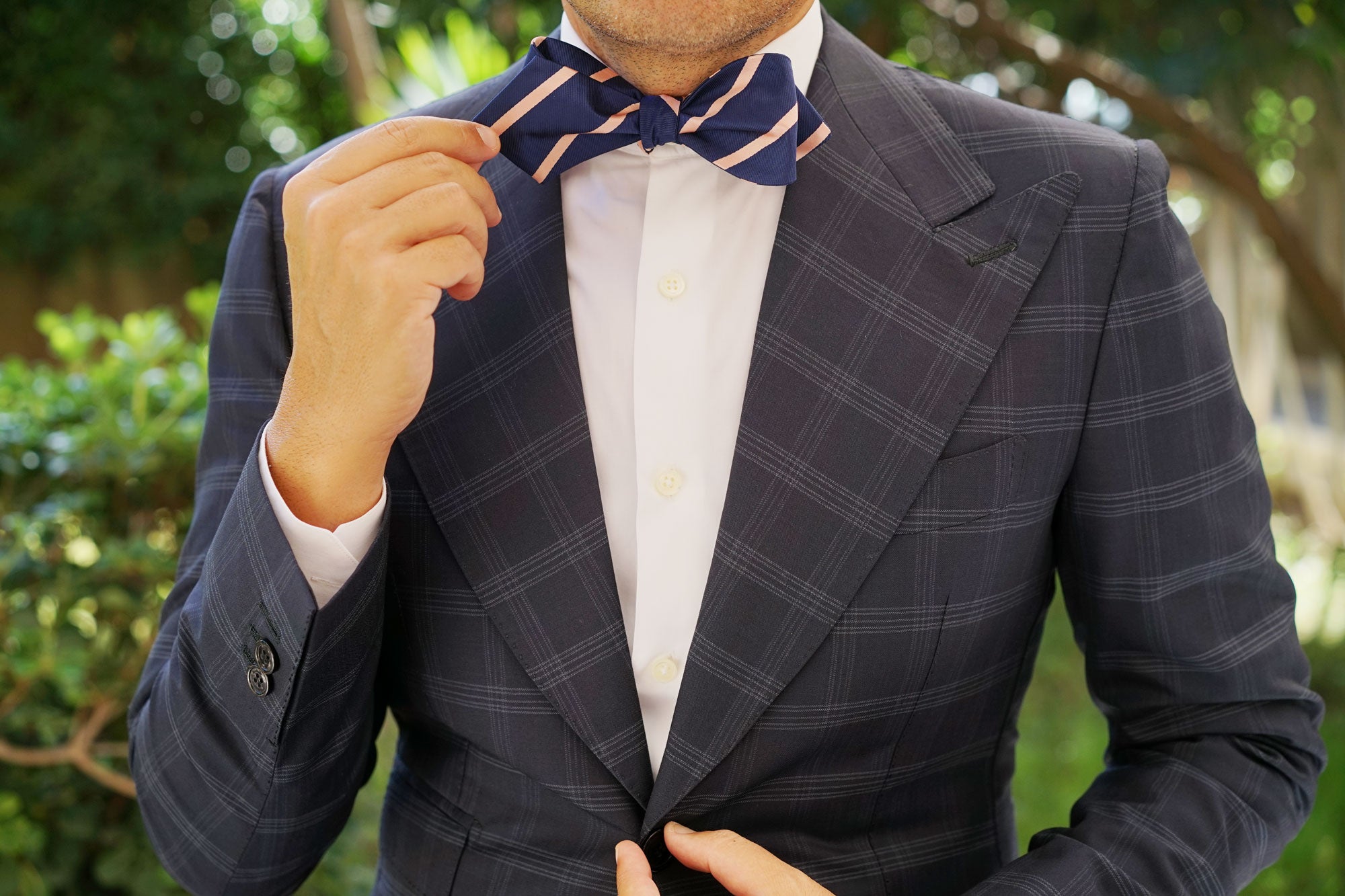 Navy Blue with Peach Stripes Self Tie Diamond Tip Bow Tie