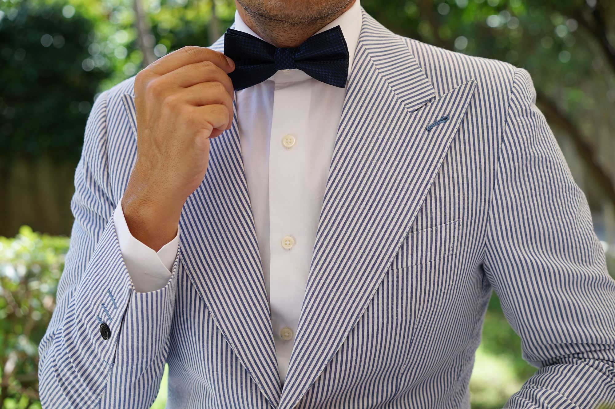 Navy Blue Basket Weave Checkered Bow Tie