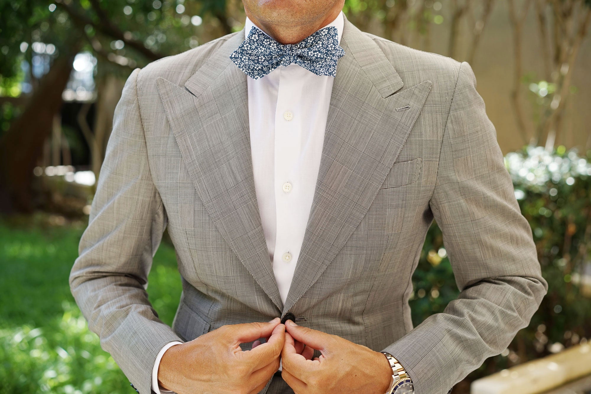 White Orchid Floral Diamond Self Bow Tie