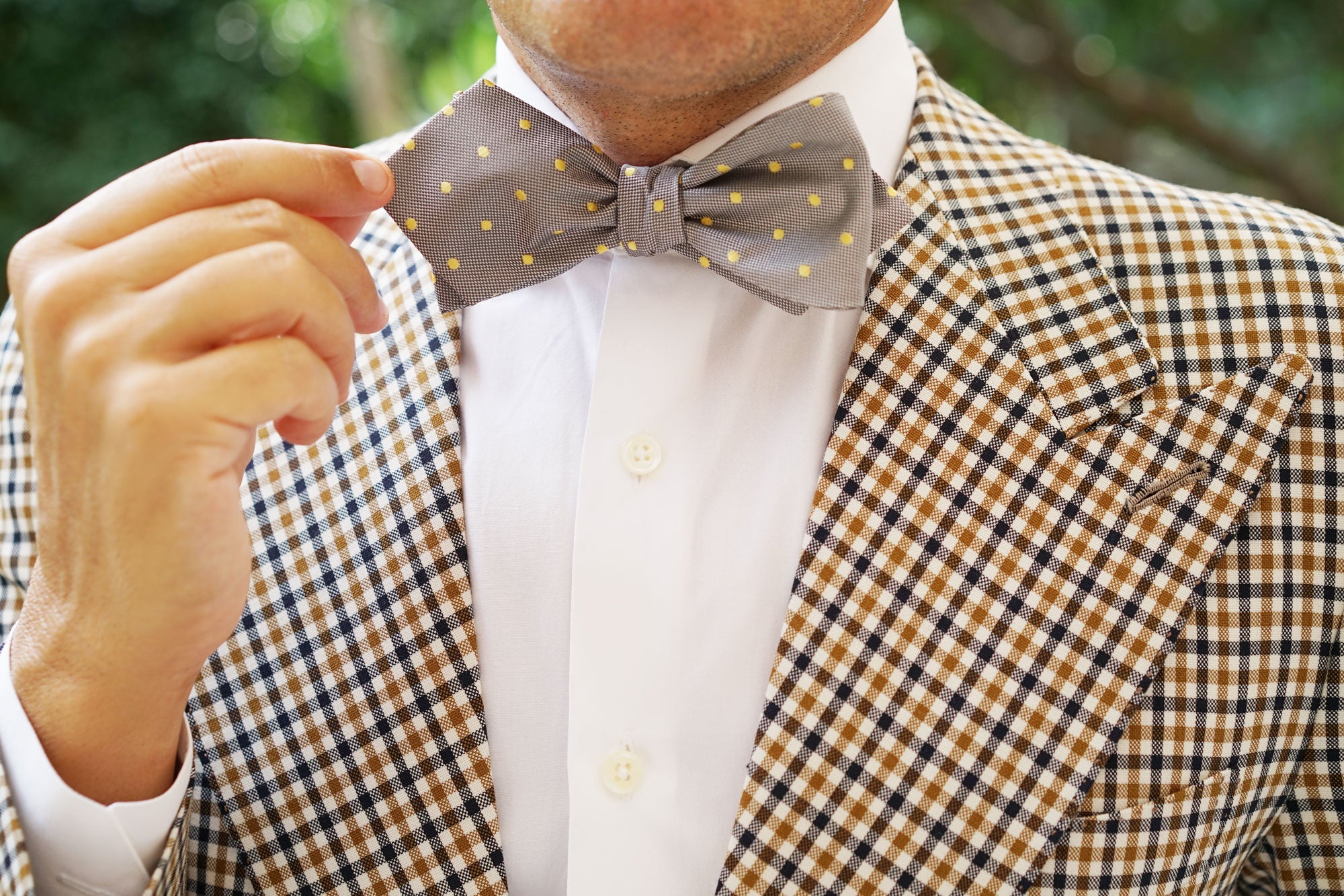 Grey with Yellow Polka Dots Self Tie Diamond Tip Bow Tie