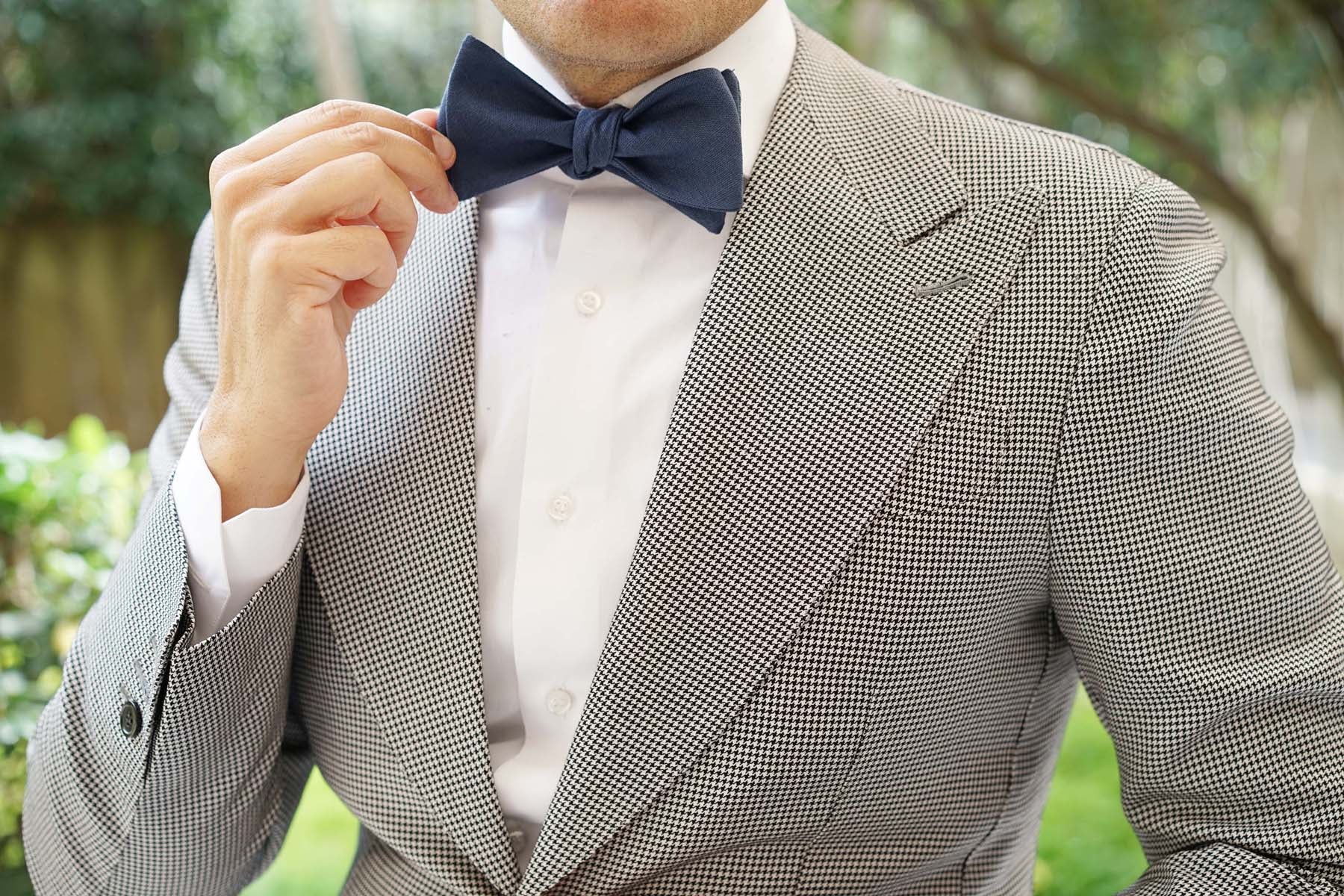 Navy Blue Slub Linen Self Tie Bow Tie