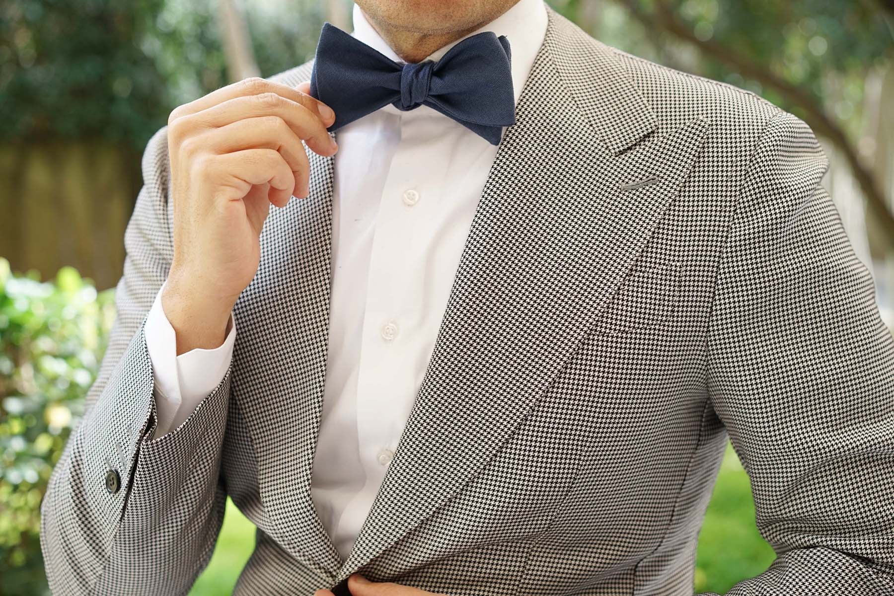 Navy Blue Slub Linen Self Tie Bow Tie