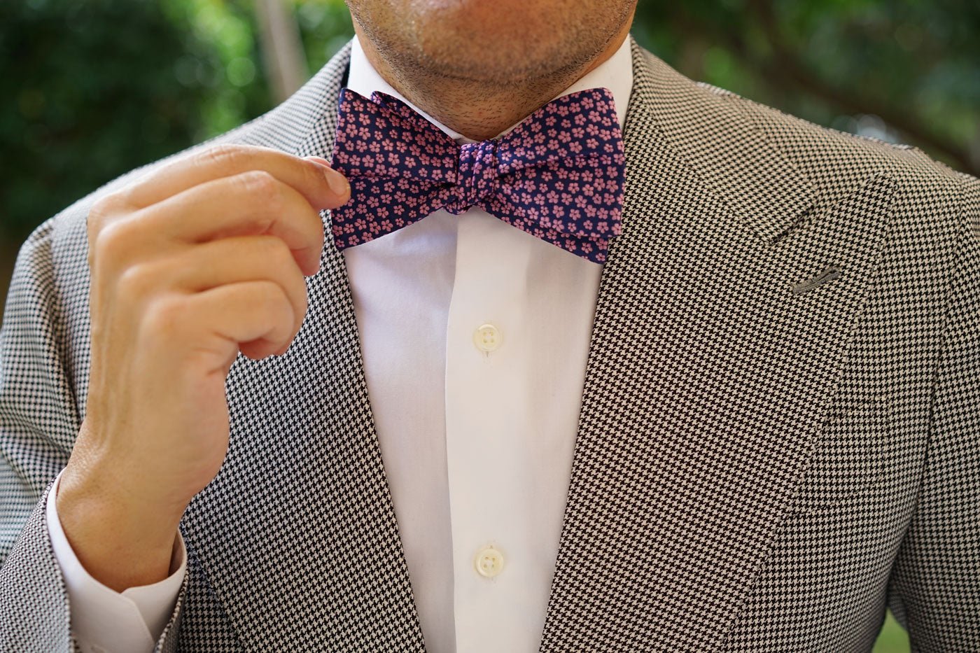 Pink Plum Blossom Floral Self Bow Tie