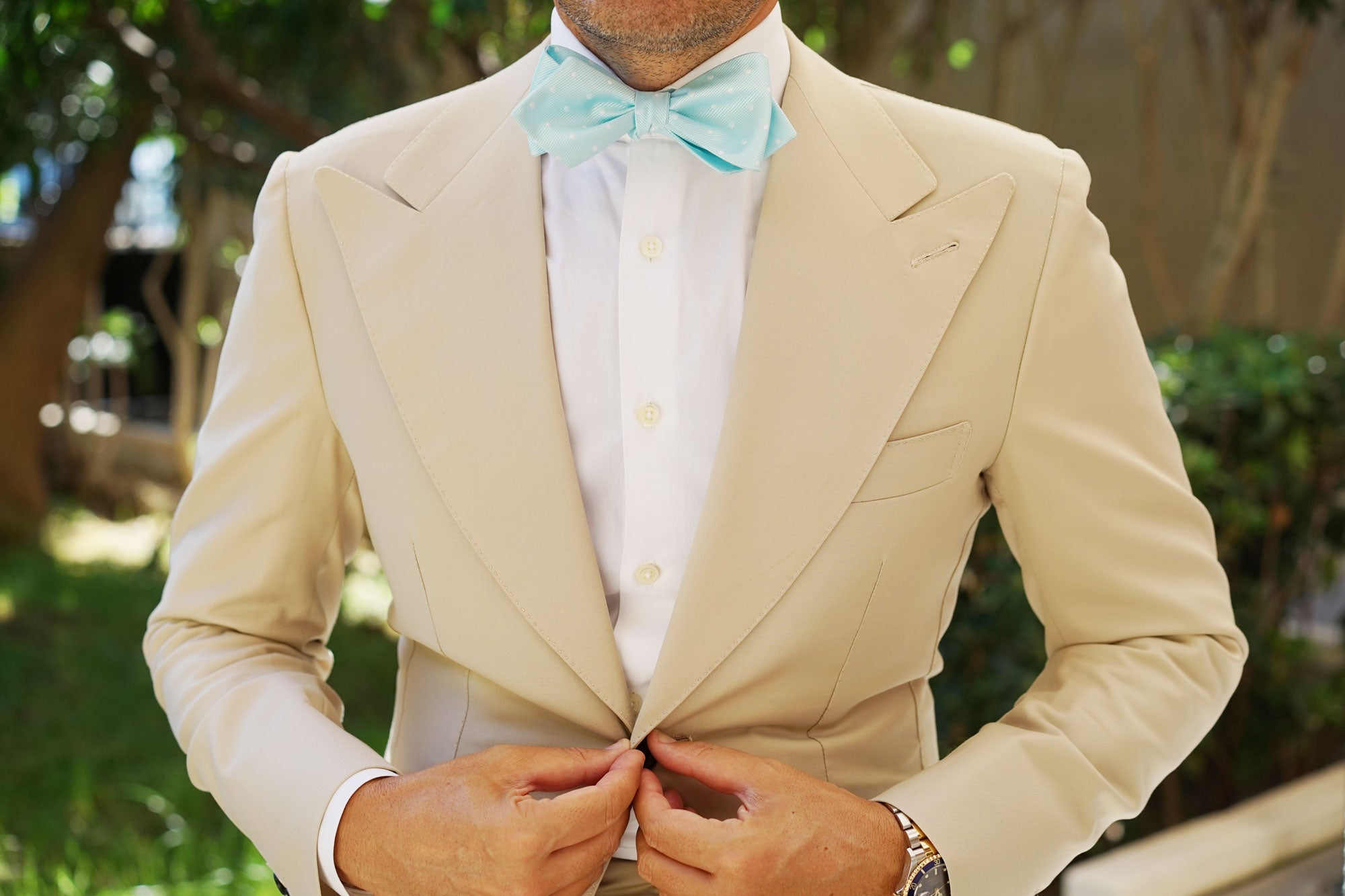 The OTAA Mint Blue with White Polka Dots Self Tie Diamond Tip Bow Tie