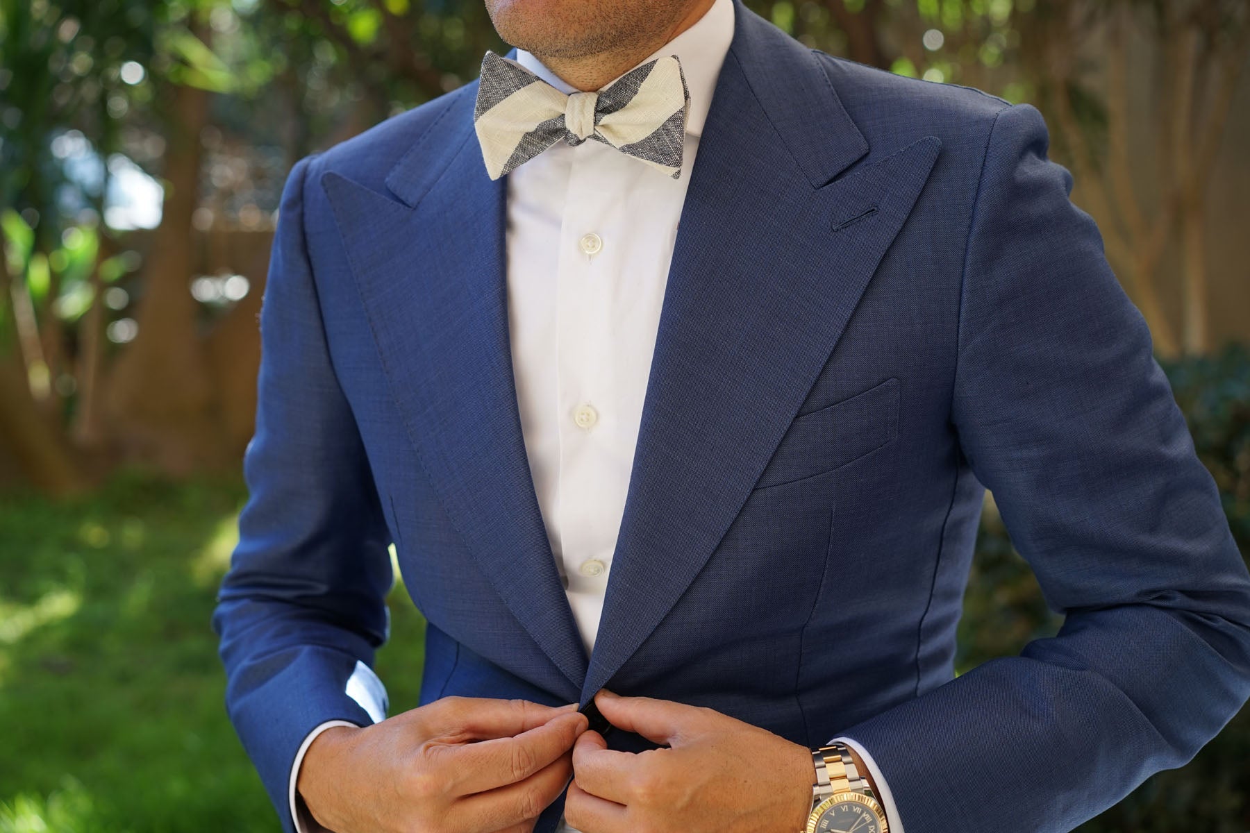 Kekova Blue Striped Linen Self Bow Tie