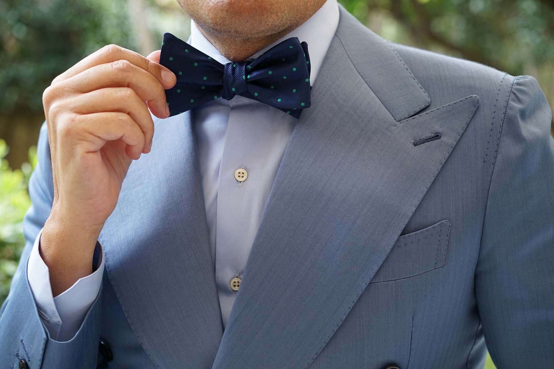 Navy Blue with Green Polka Dots Self Tie Bow Tie