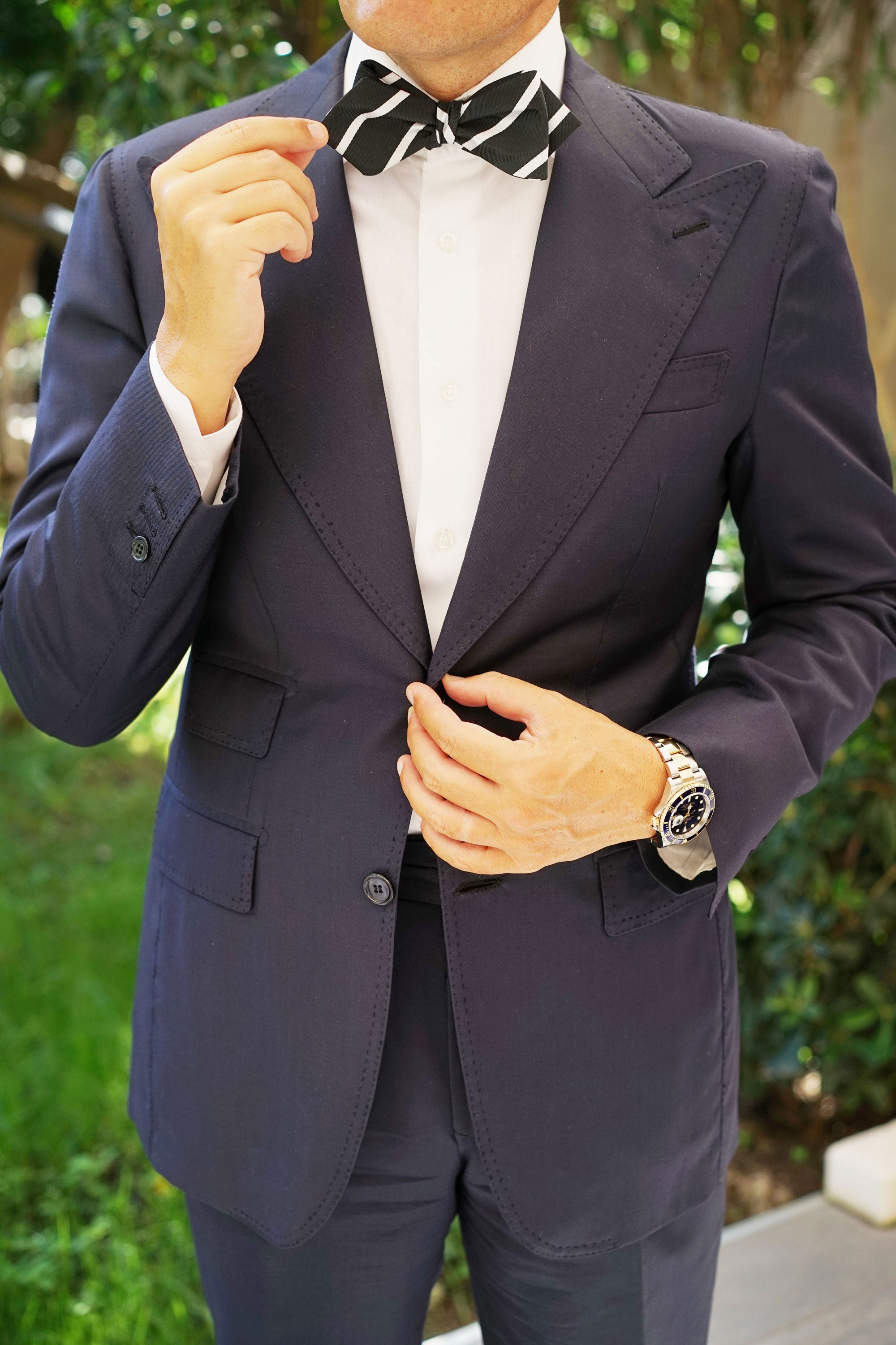 Black Pencil Stripe Diamond Self Bow Tie