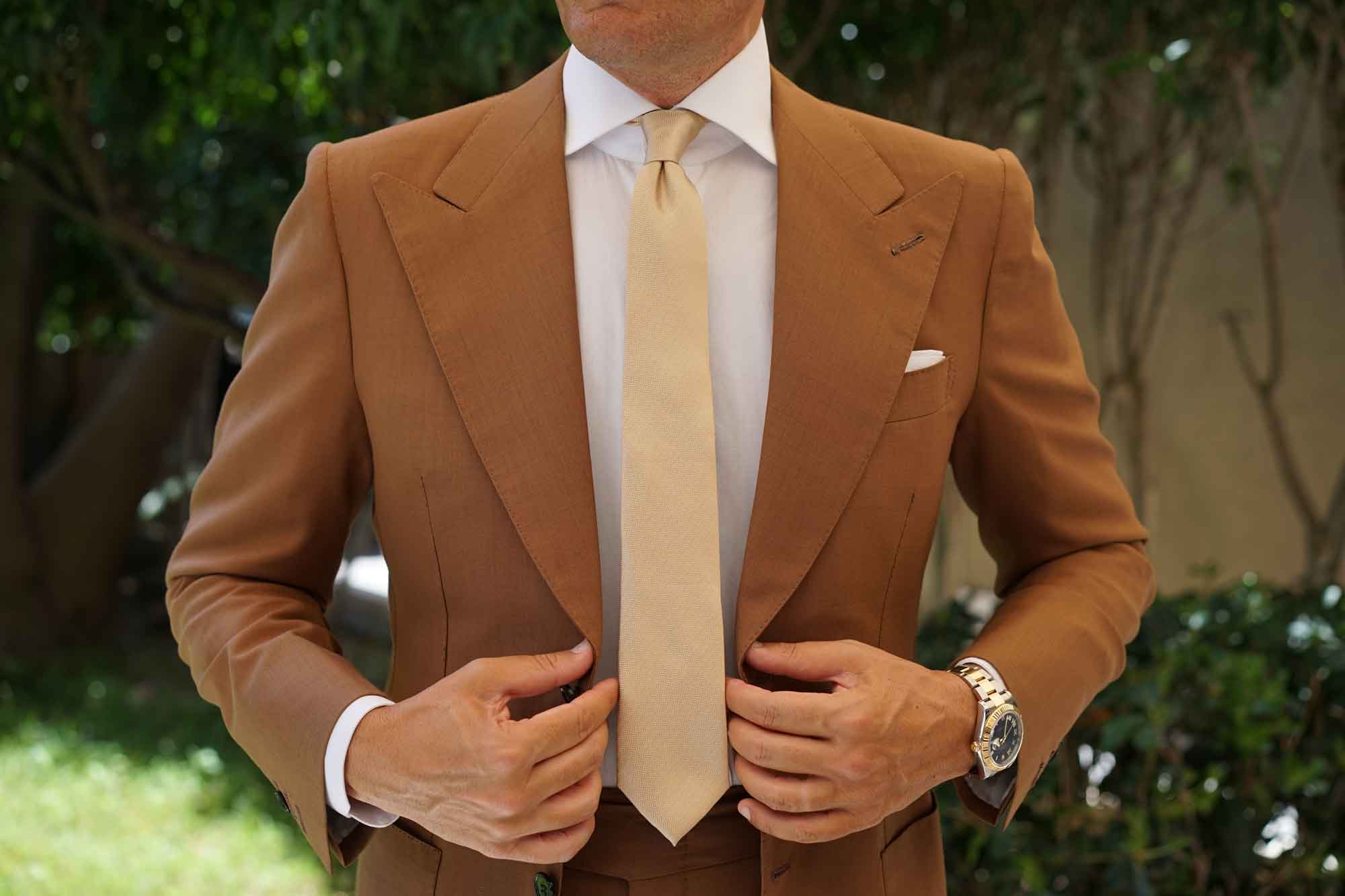 Champagne Gold Herringbone Chevron Skinny Tie