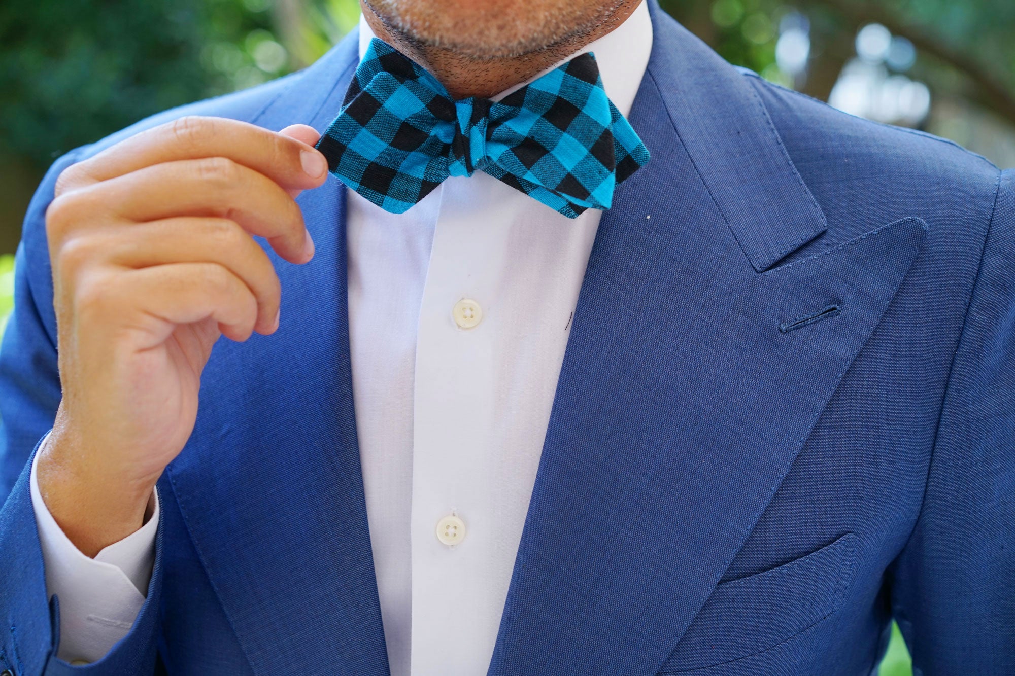 Grim Blue Gingham Diamond Self Bow Tie