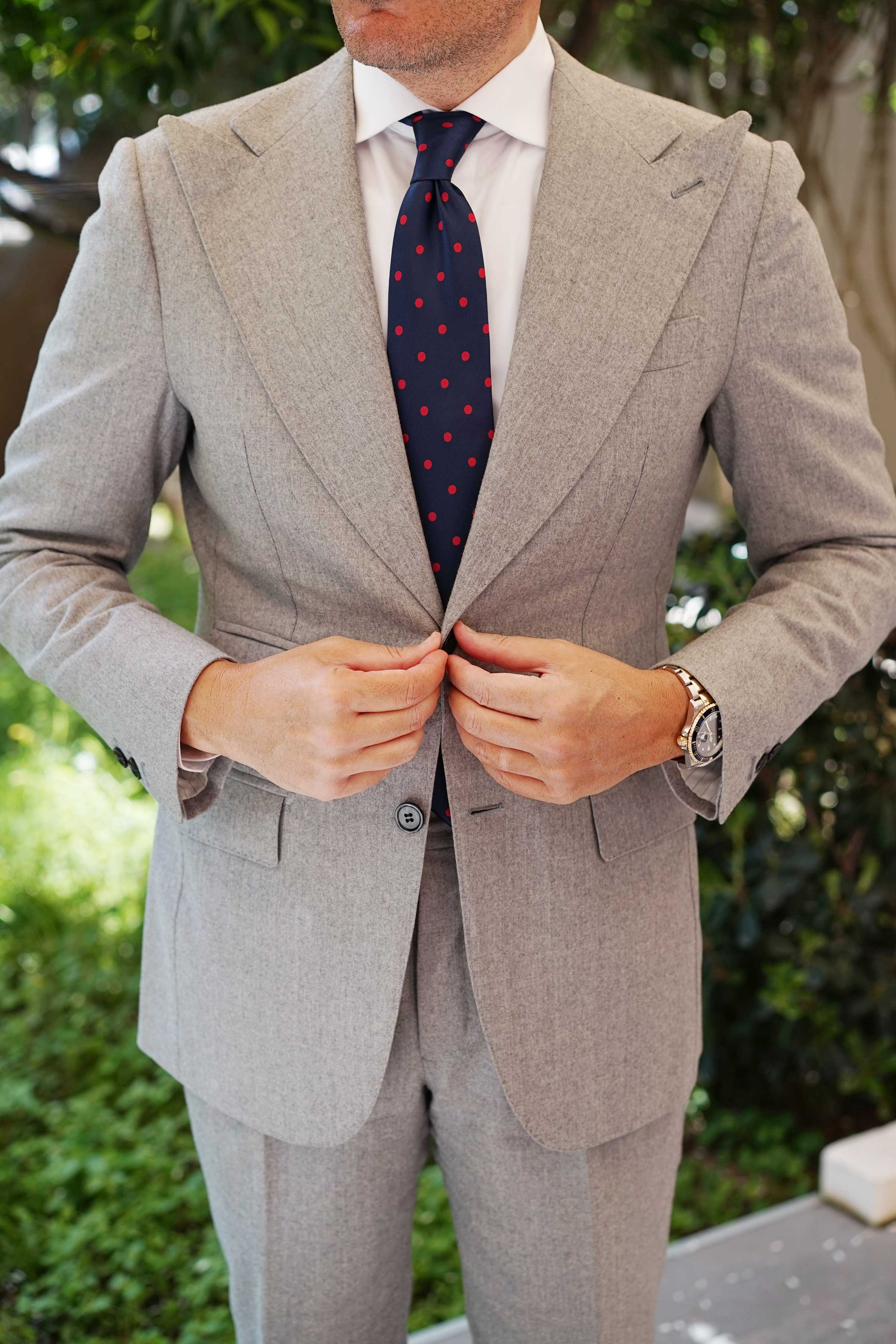 Navy Blue Tie with Red Polka Dots