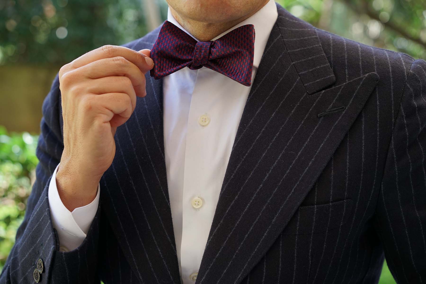 Burgundy Houndstooth Self Bow Tie