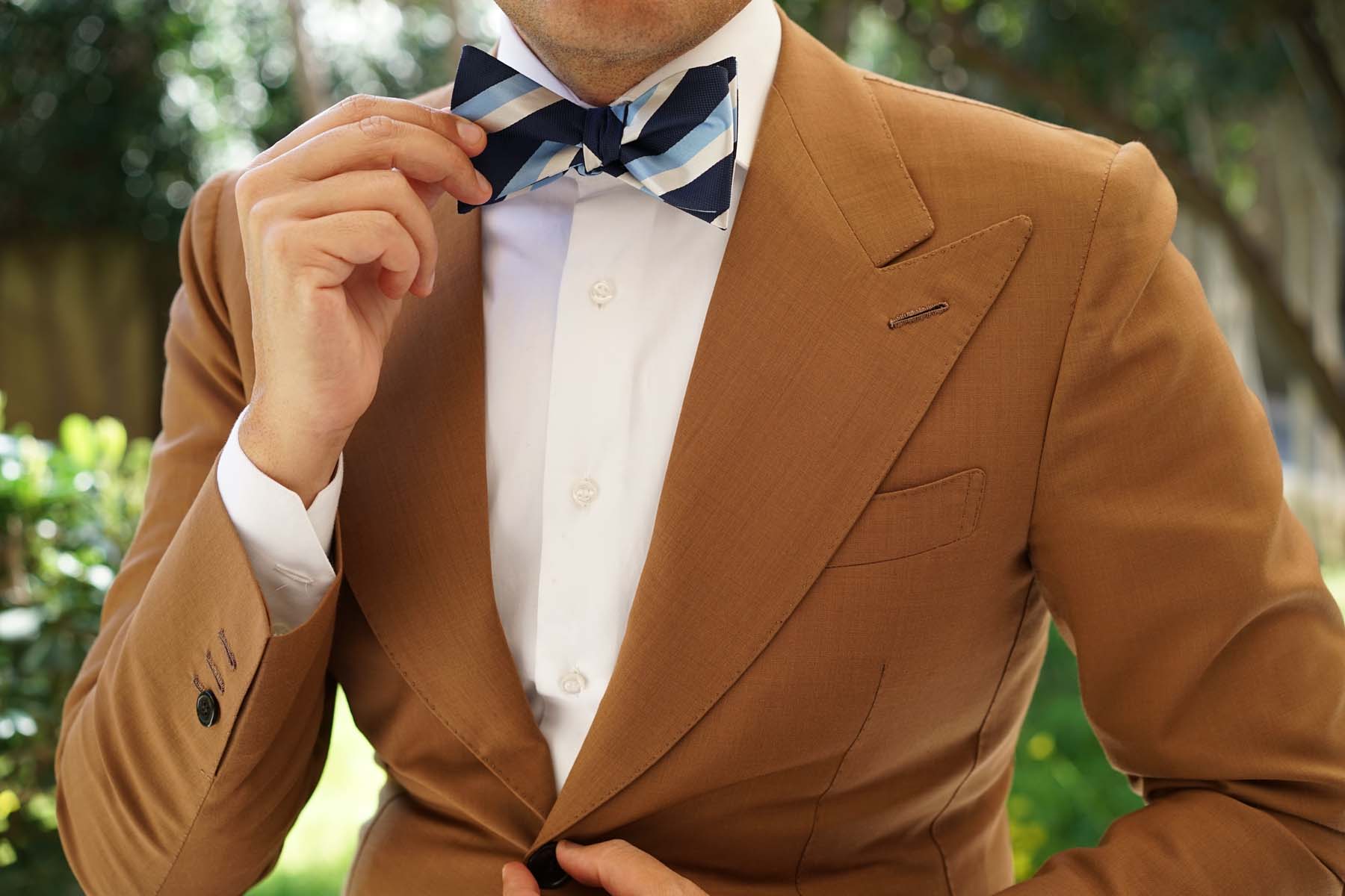 White Navy and Light Blue Striped Bow Tie Untied