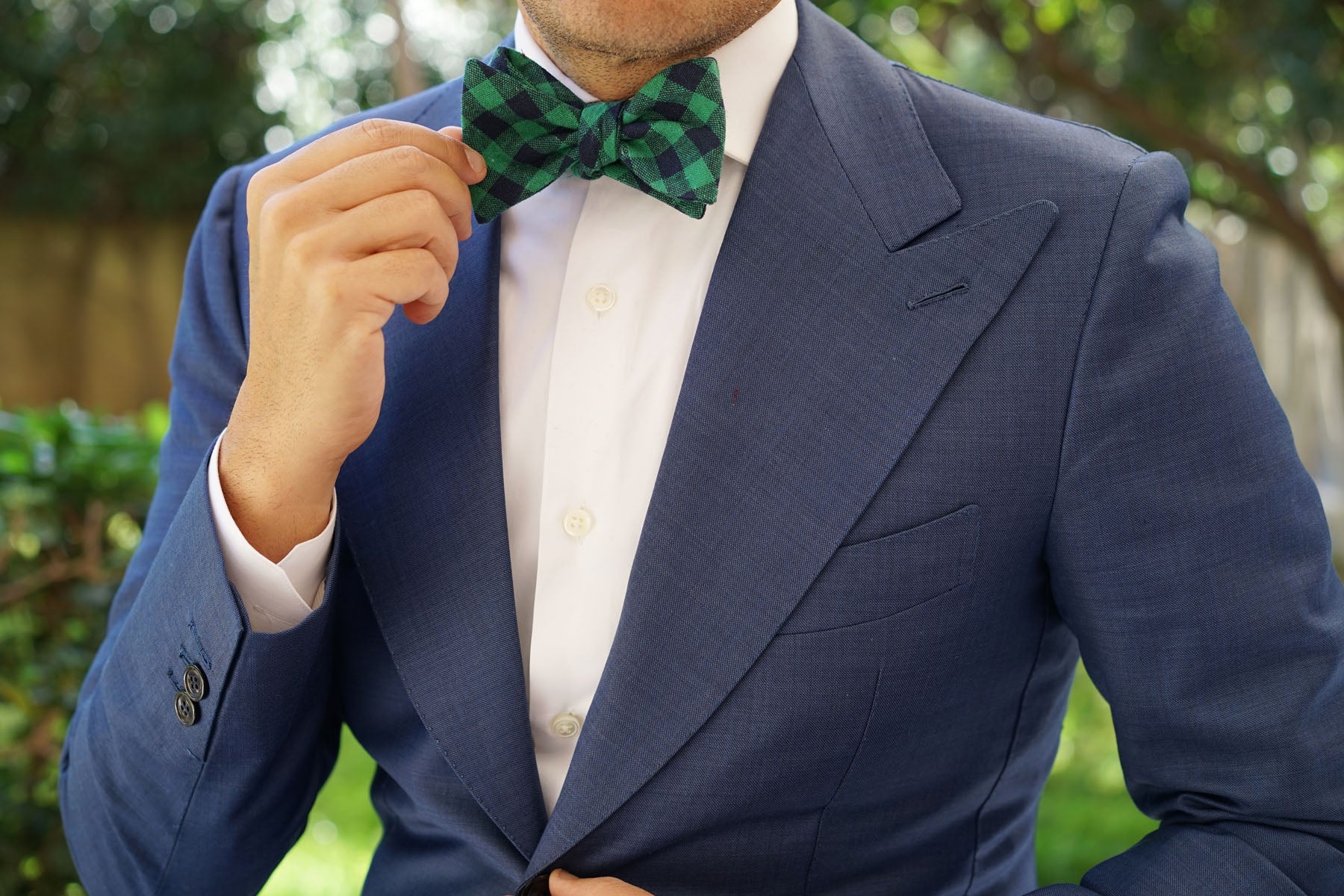 Raw Green Gingham Linen Self Bow Tie