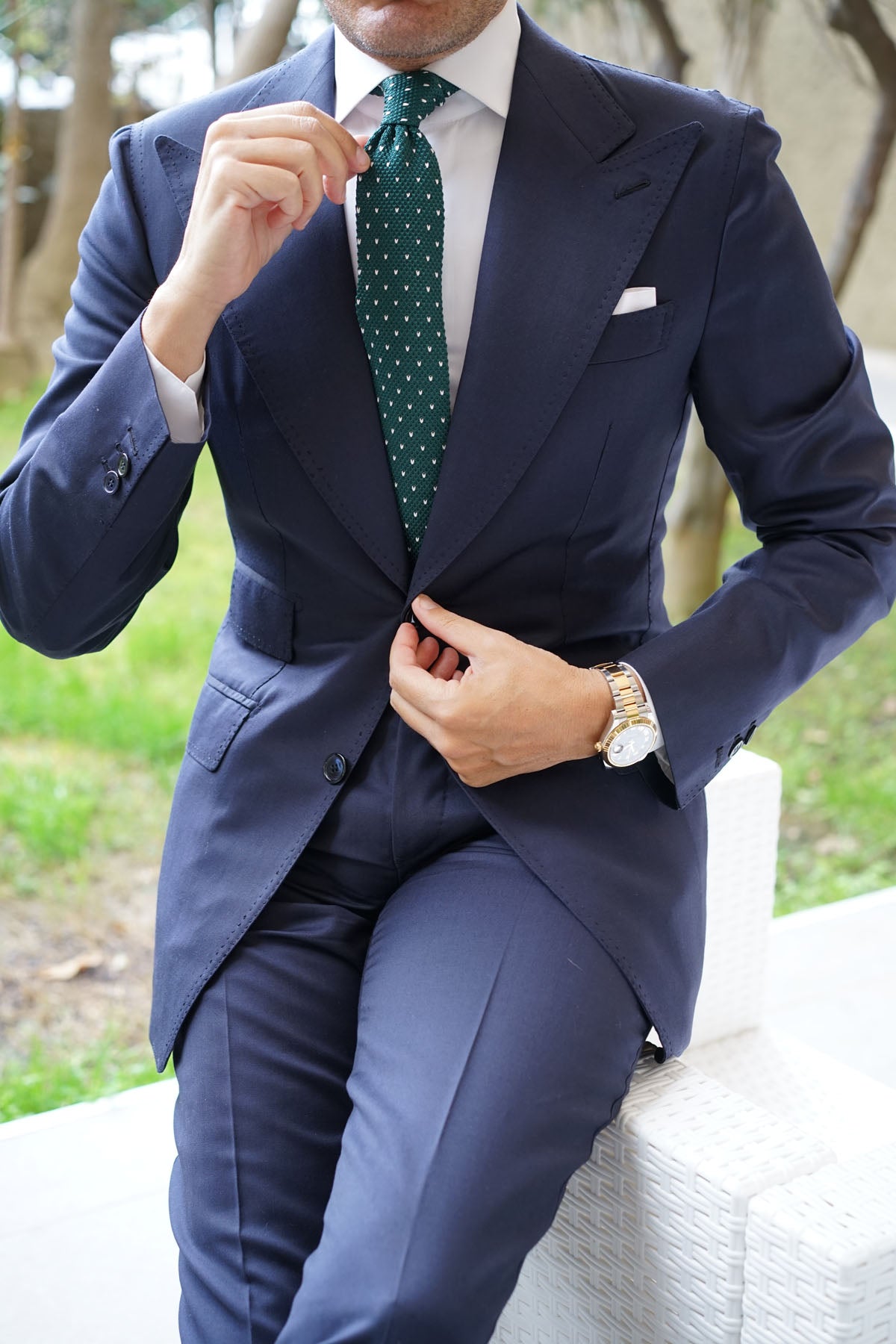 Forest Green & White Pattern Knitted Tie