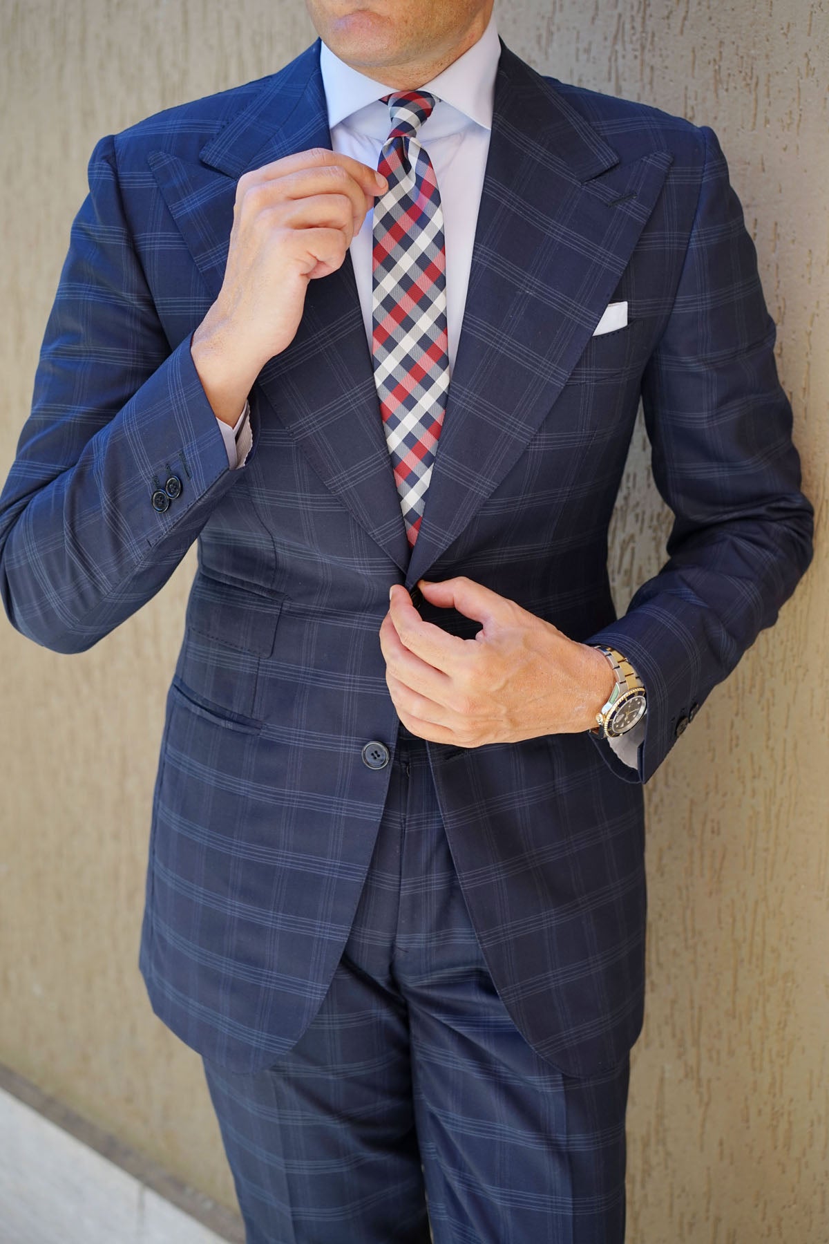 Navy Checkered Scotch Red Skinny Tie